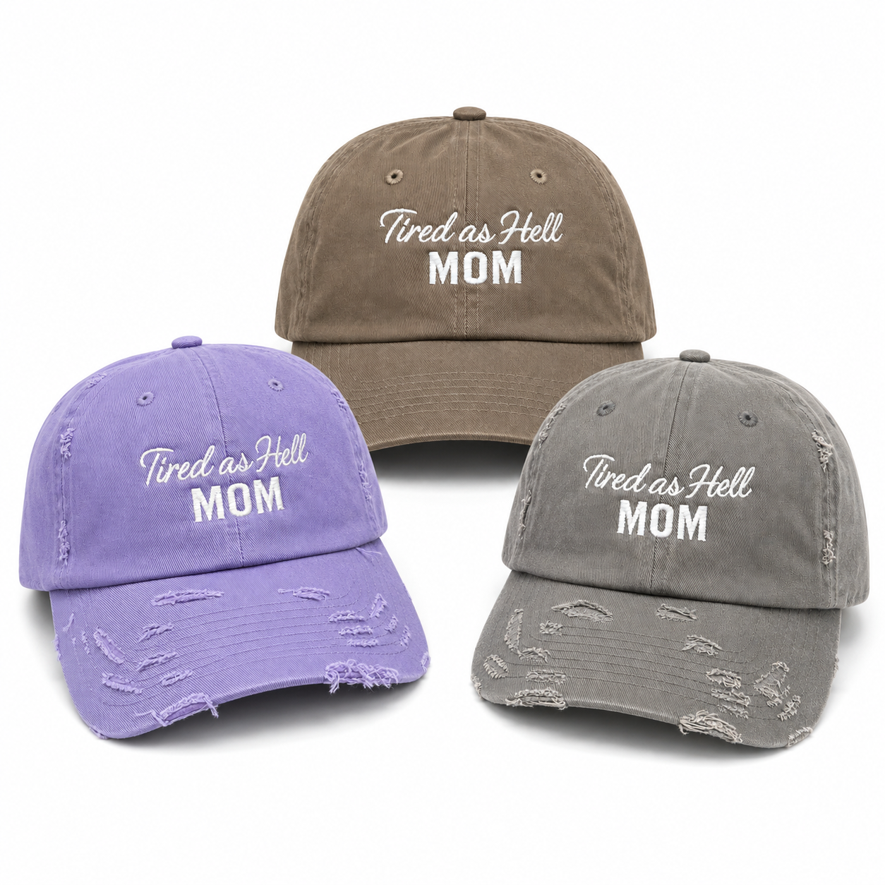 Tired as Hell Mom Hat, Washed Gray Distressed Mom Dad Hat, Funny Embroidered Baseball Cap Gift for Busy Mothers