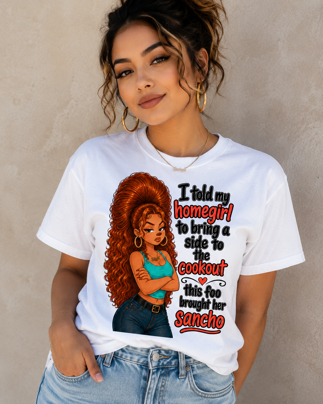 Unisex graphic T-shirt featuring an original cultural humorous retro illustration, additional product view 2