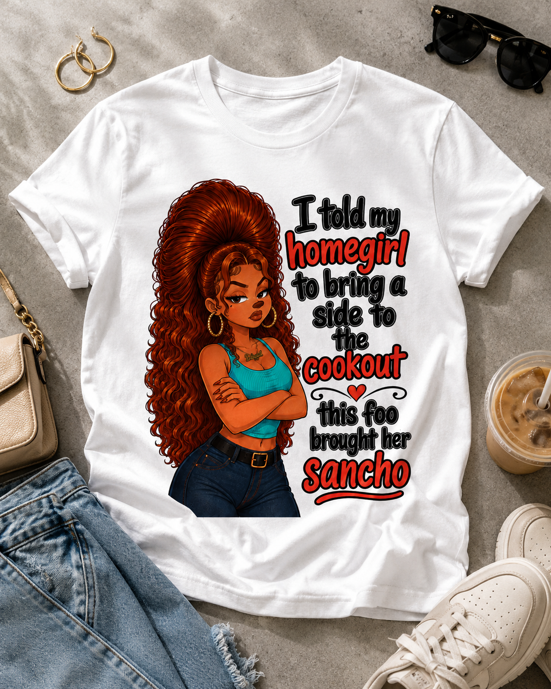 Unisex graphic T-shirt featuring an original cultural humorous retro illustration, alternate product view