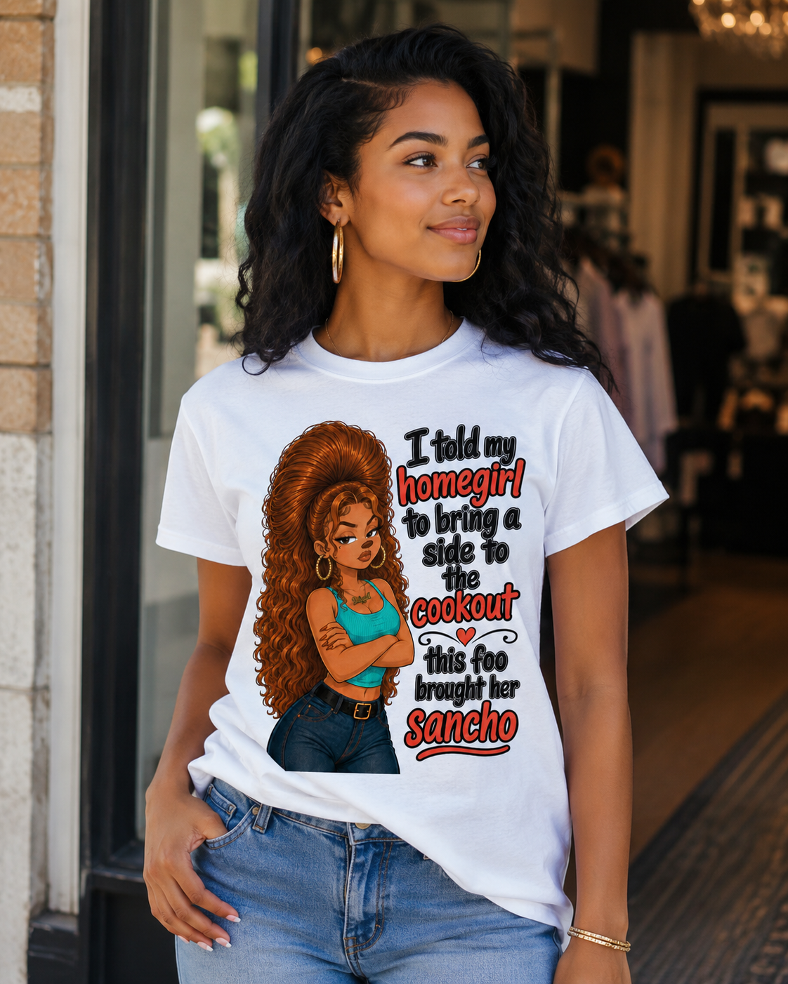 Unisex graphic T-shirt featuring an original cultural humorous retro illustration, additional product view 3