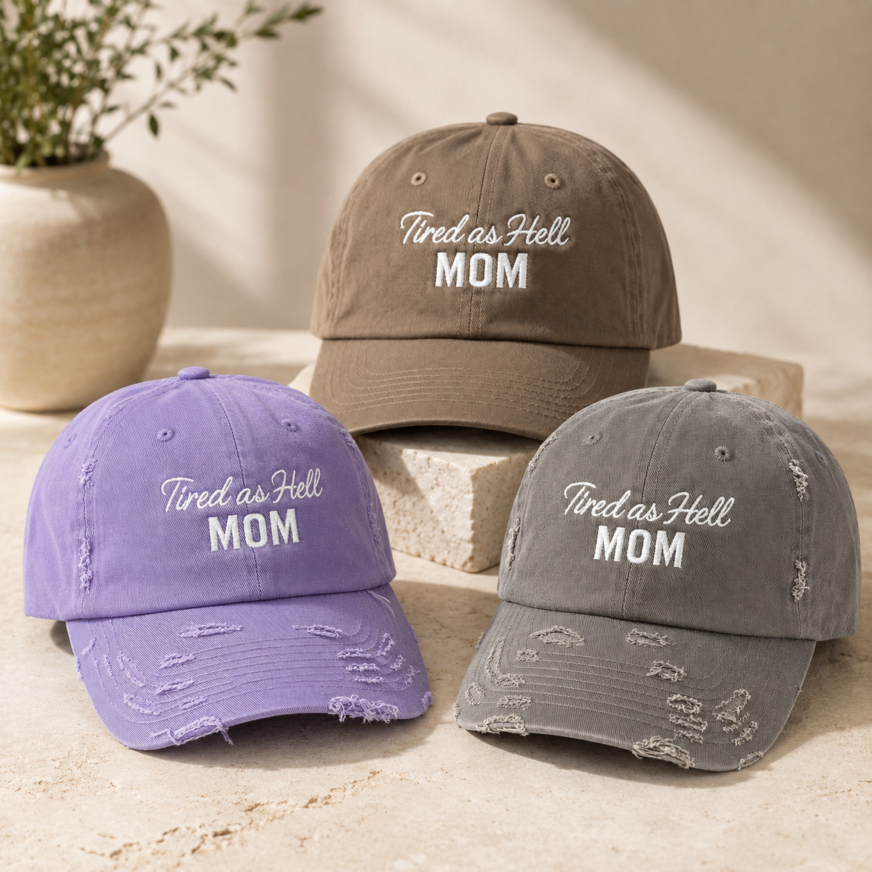 Tired as Hell Mom Hat, Lavender Purple Distressed Mom Dad Hat, Funny Embroidered Motherhood Baseball Cap for Tired Moms