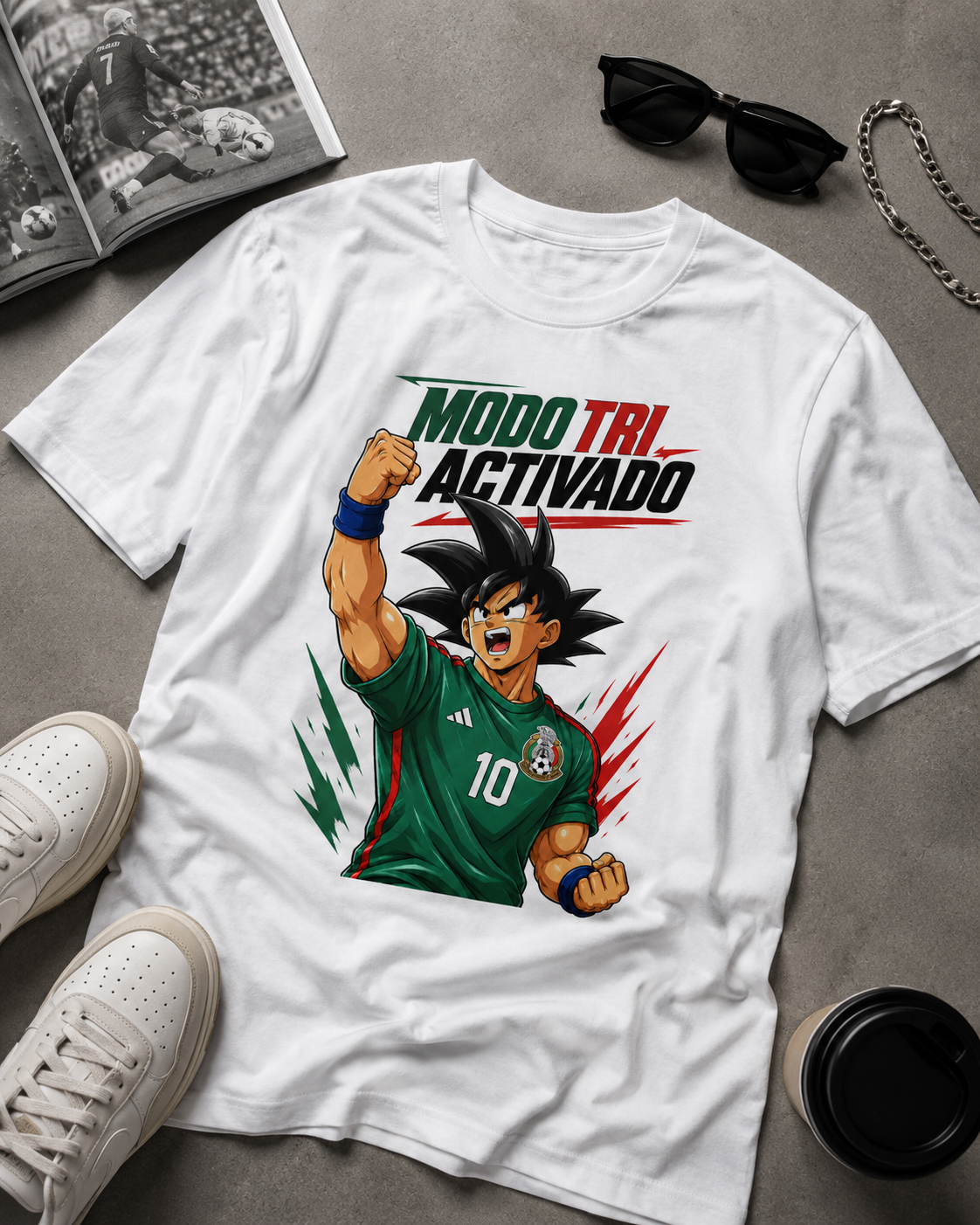 Modo Tri Activado anime-inspired Mexican soccer graphic shirt