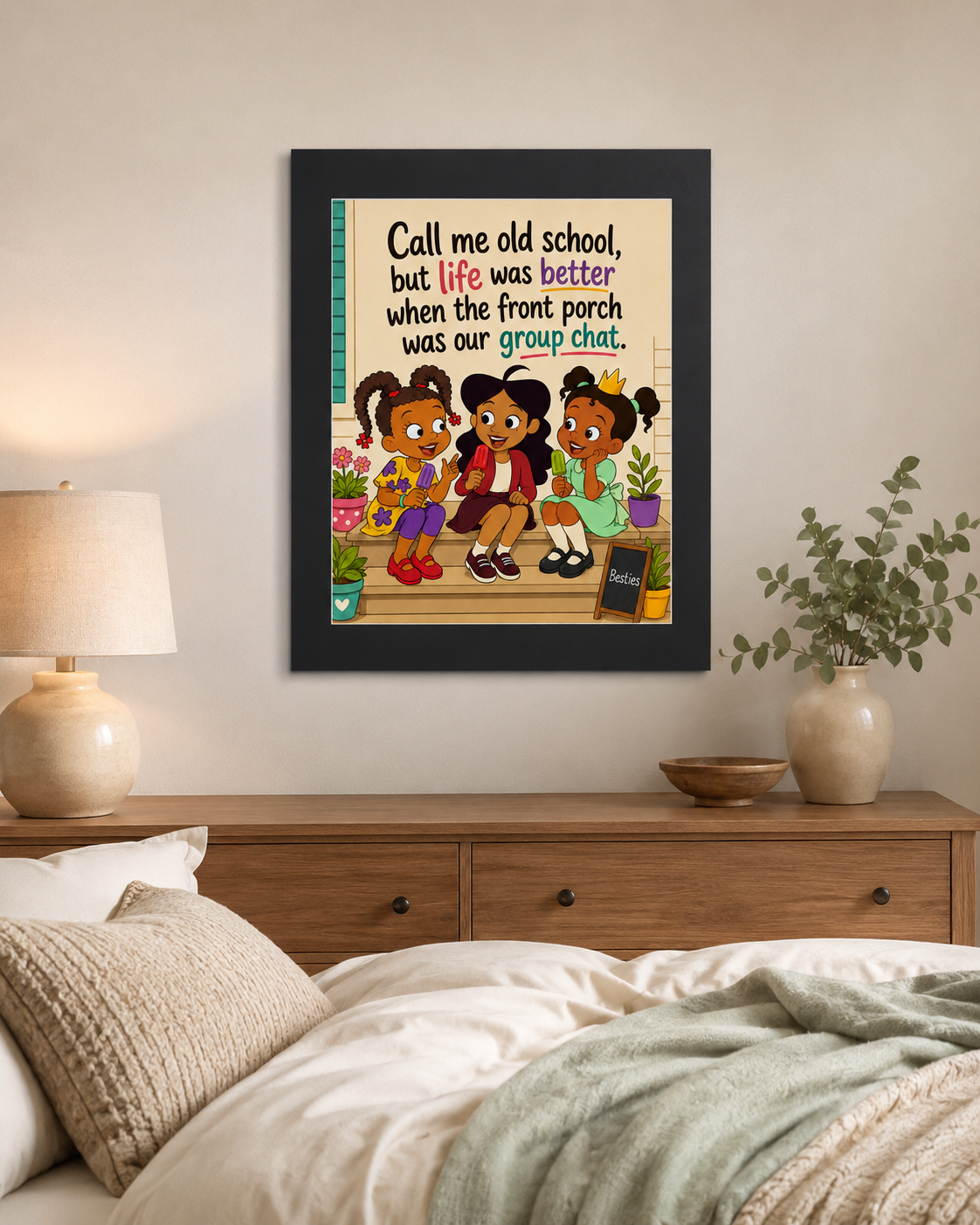 Front Porch Group Chat Wall Art Print, Nostalgic Besties Friendship Art, 16x20 Matte Border Print, 24x30 Poster Option