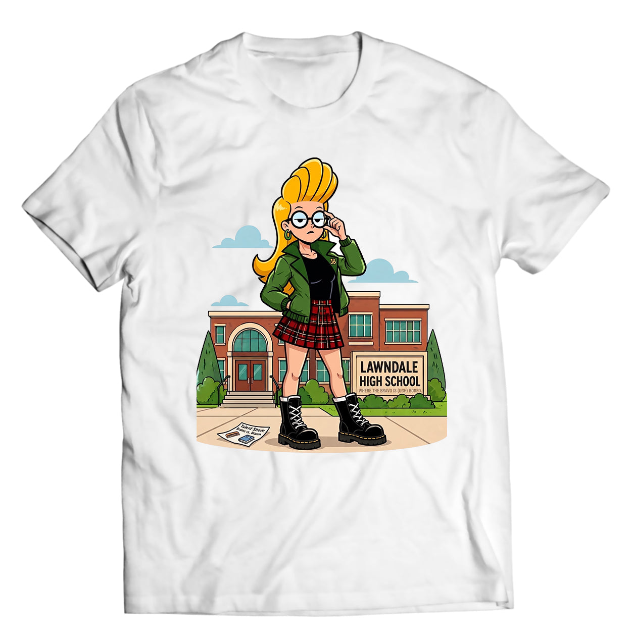 90s cartoon mashup graphic shirt of a bored campus queen