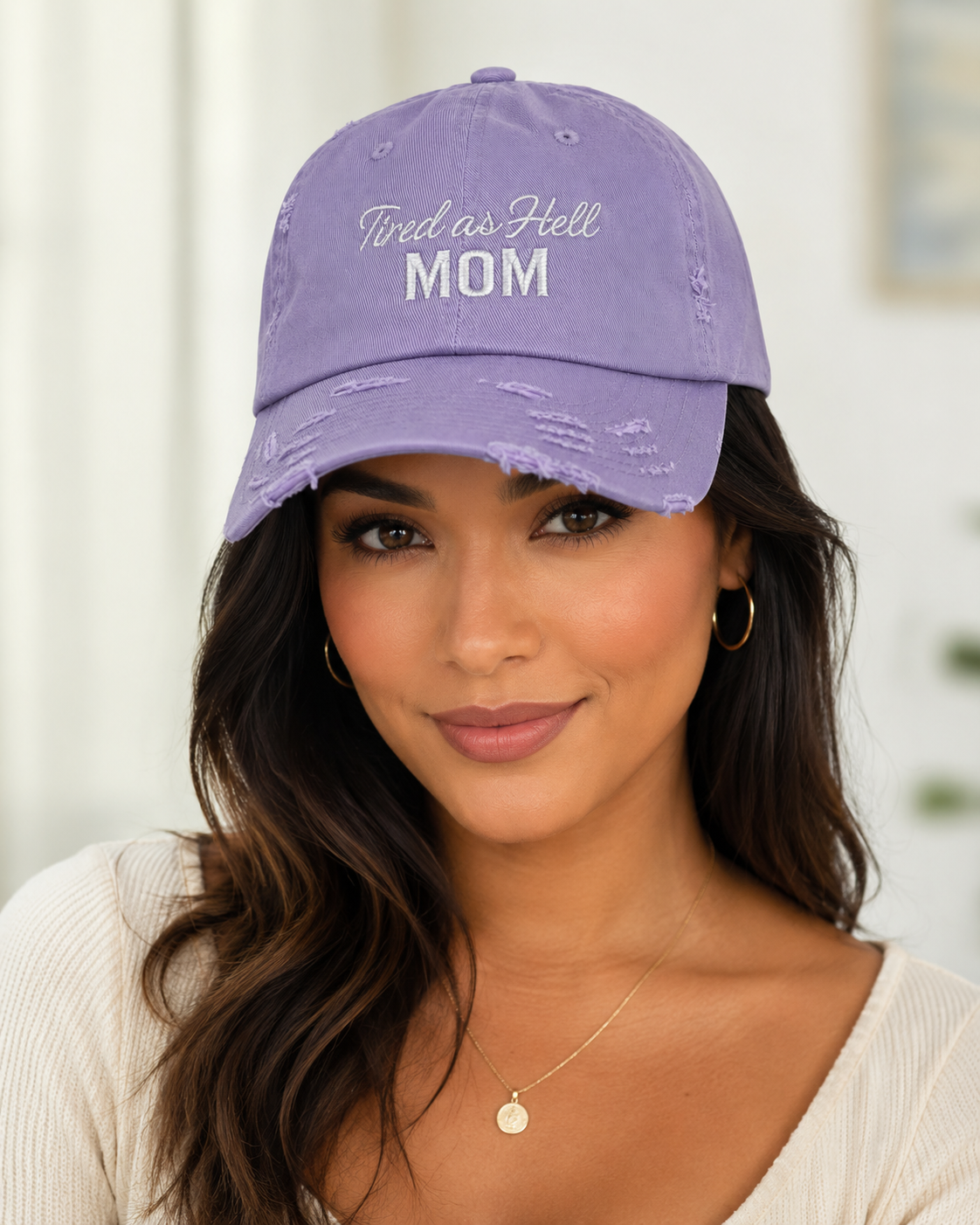 Tired as Hell Mom Hat, Lavender Purple Distressed Mom Dad Hat, Funny Embroidered Motherhood Baseball Cap for Tired Moms