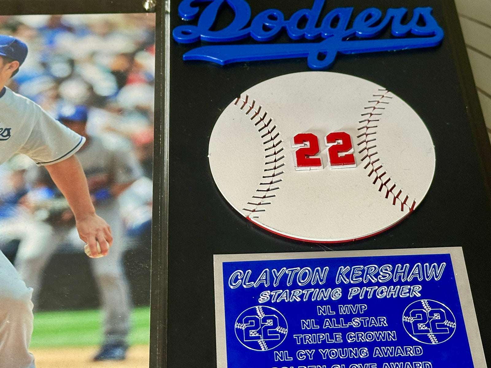Clayton Kershaw Handmade Dodgers Plaque – Layered Metal Baseball, Engraved Stats & Cut Metal Dodgers Logo