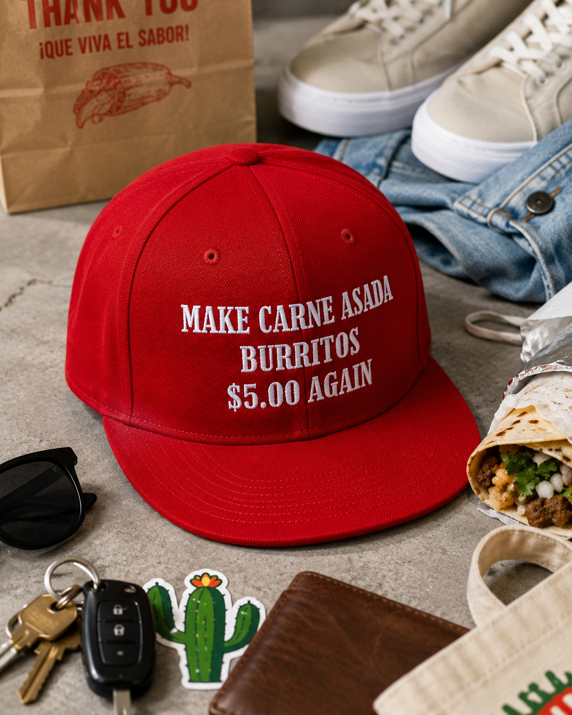 Make Carne Asada Burritos $5.00 Again Hat – Funny Red Embroidered Snapback Cap