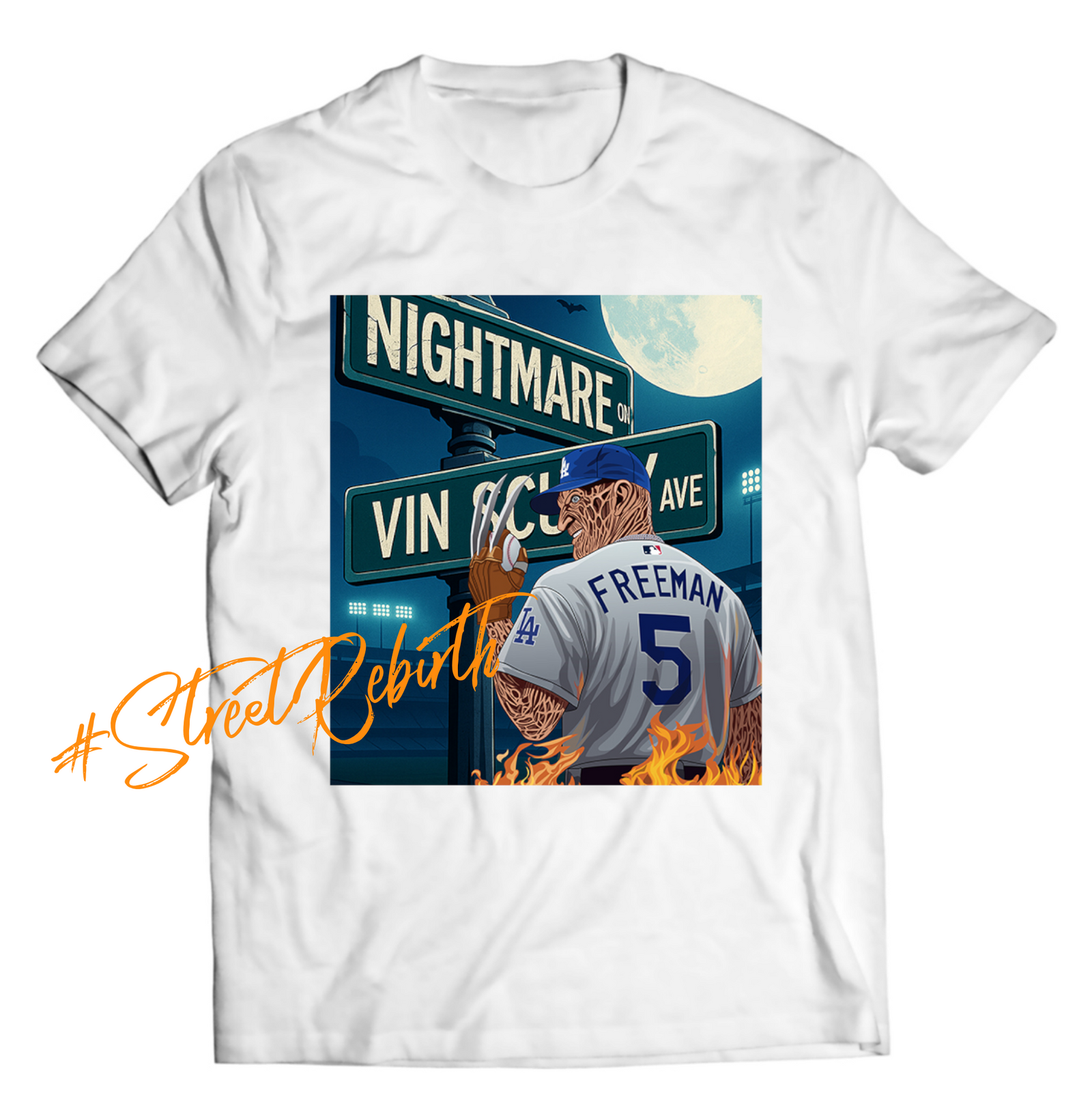 Freddie Freeman x Freddy Krueger Dodgers Horror Mashup Shirt – “A Nightmare on Vin Scully Ave” | Street Rebirth Exclusive