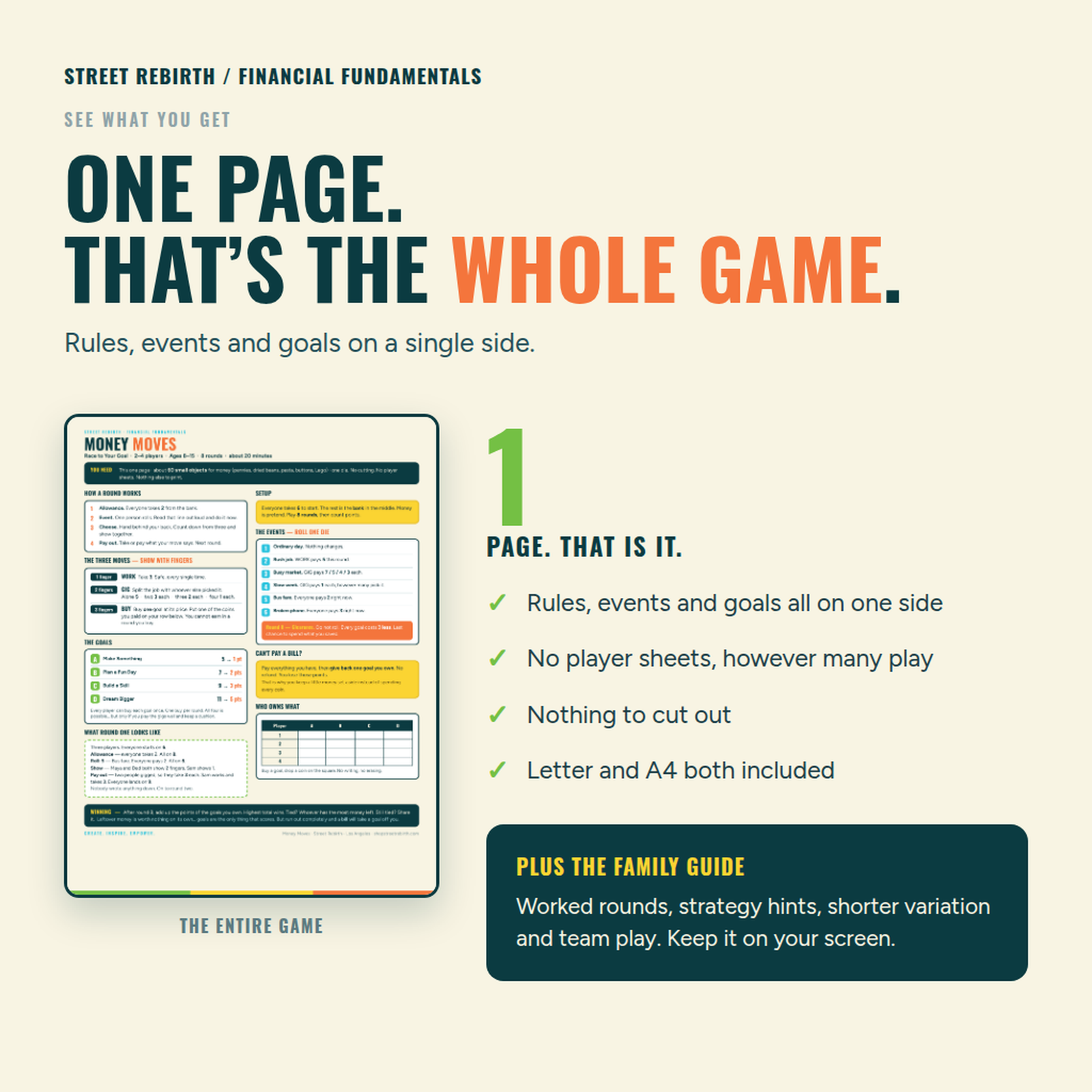 One page is the whole Money Moves game, showing the single printable sheet plus the included four page family guide