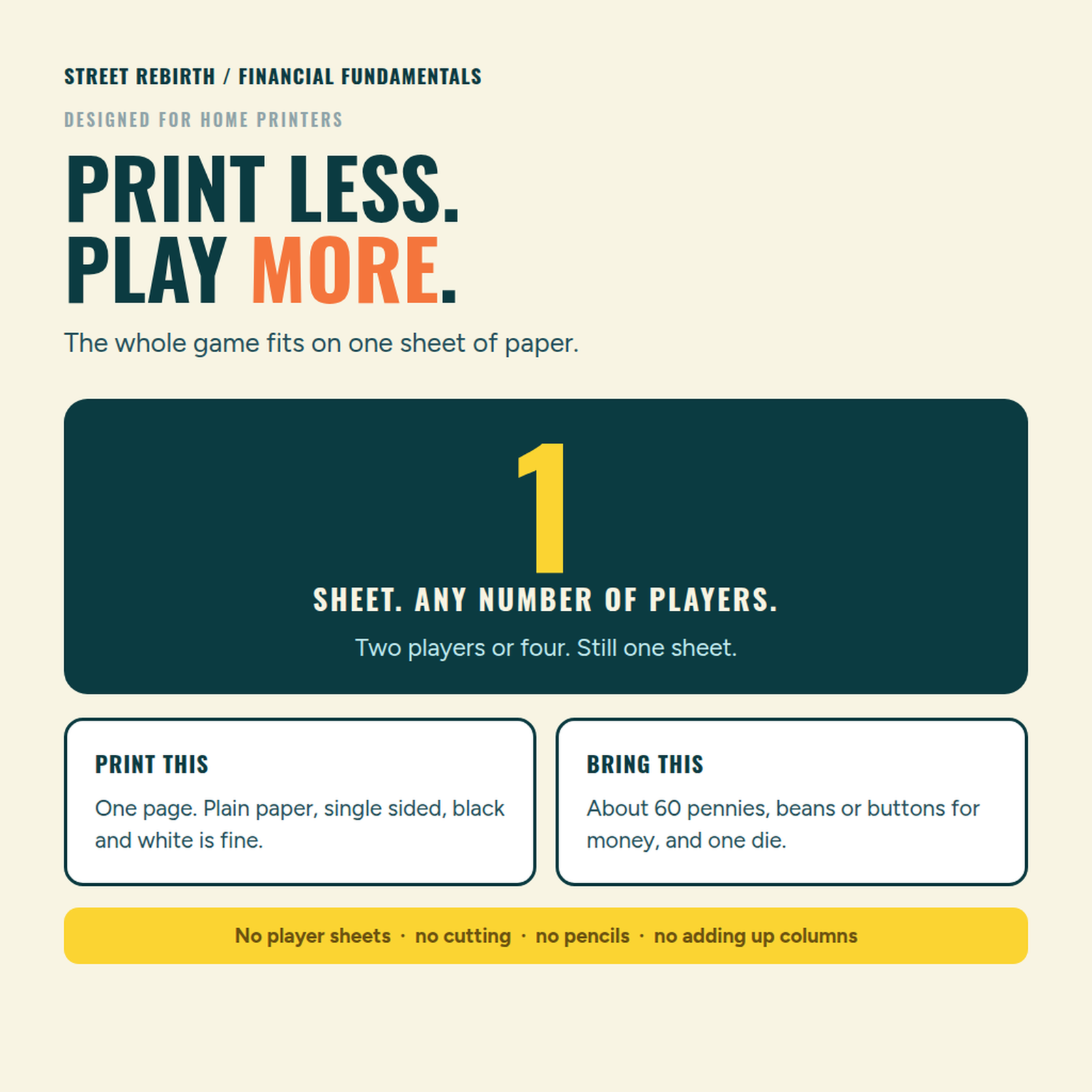 One sheet of paper for any number of players, no player sheets, no cutting, no pencils and no adding up columns