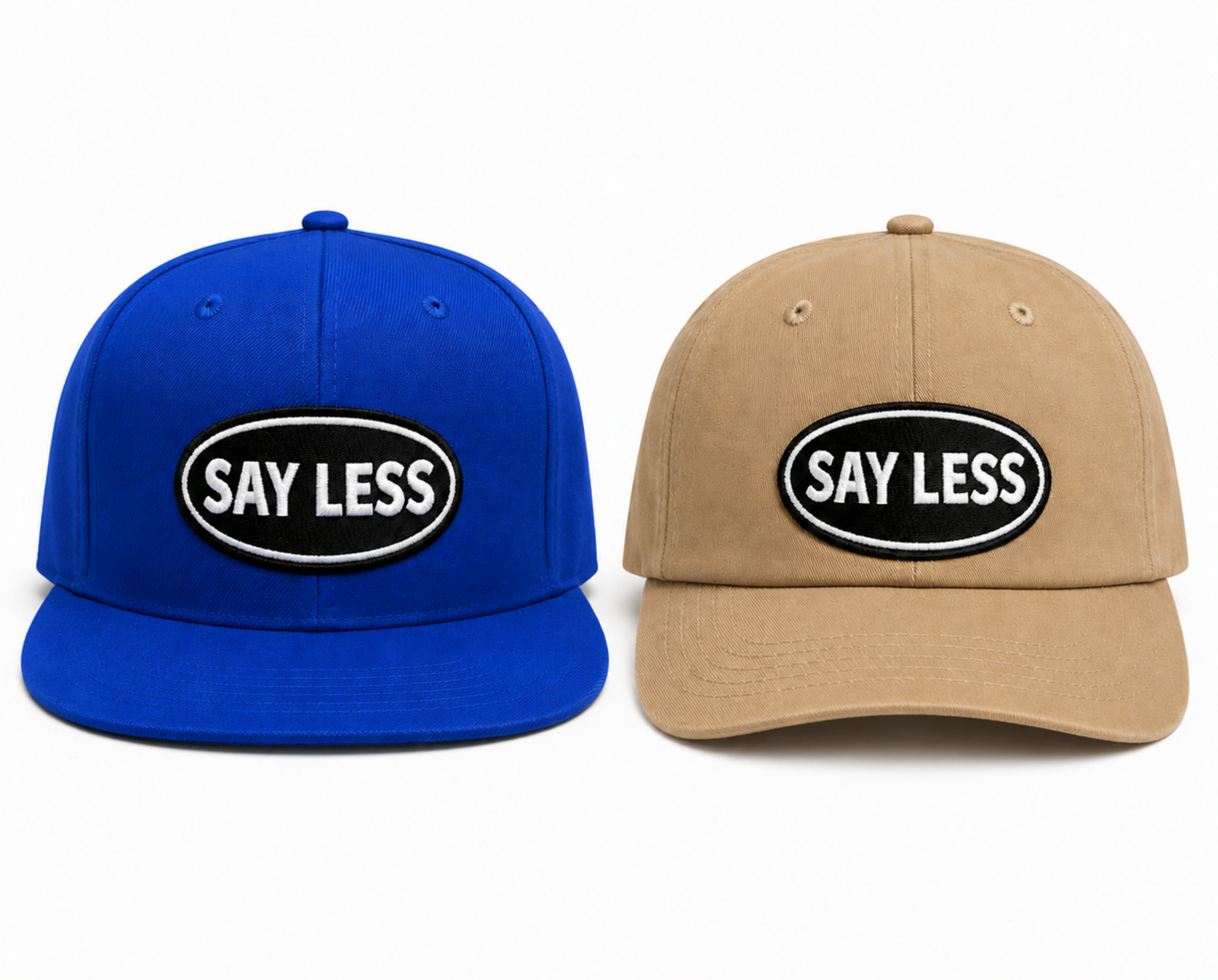 SAY LESS Embroidered Patch Dad Hat... Tan Unstructured Low Profile Adjustable Cap | Street Rebirth Streetwear for Men & Women