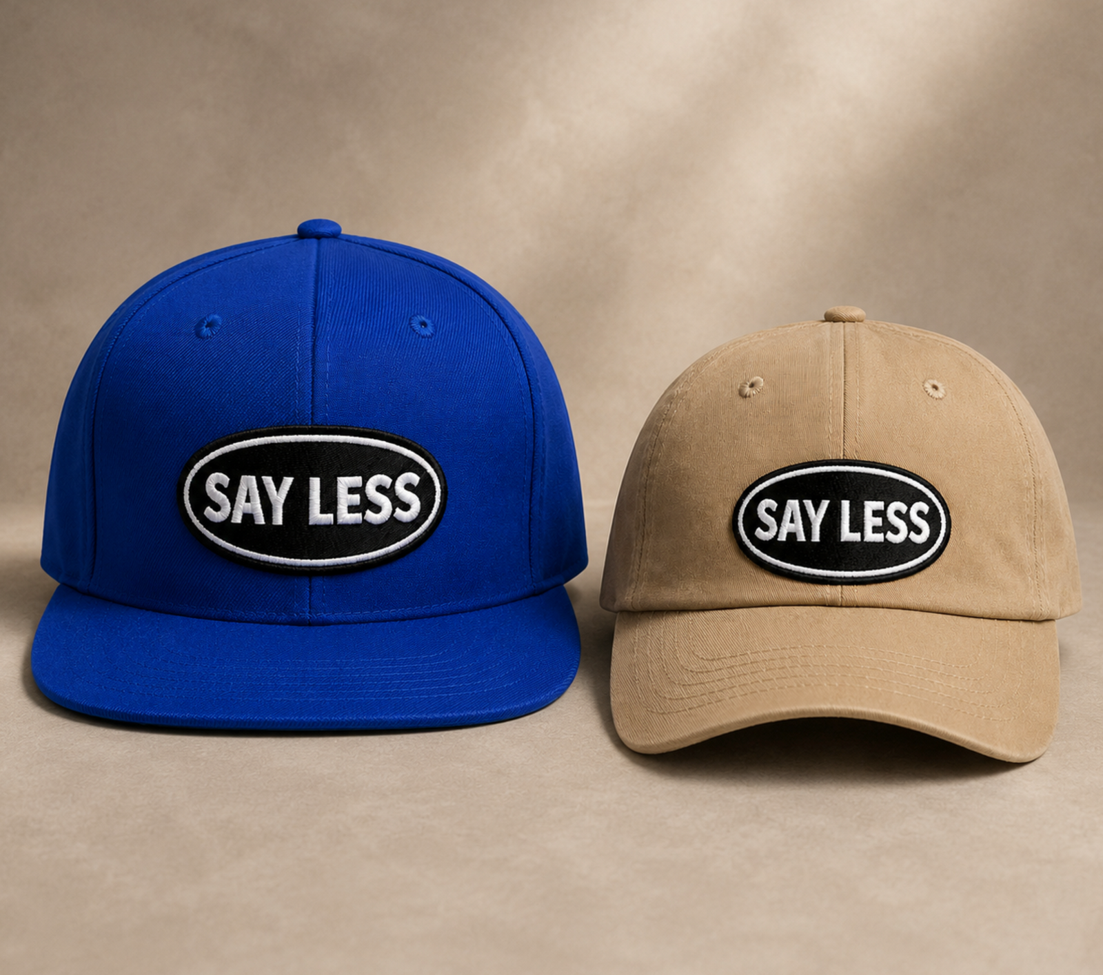 SAY LESS Embroidered Patch Snapback... Royal Blue Structured Flat Brim Baseball Cap | Street Rebirth Streetwear for Men & Women