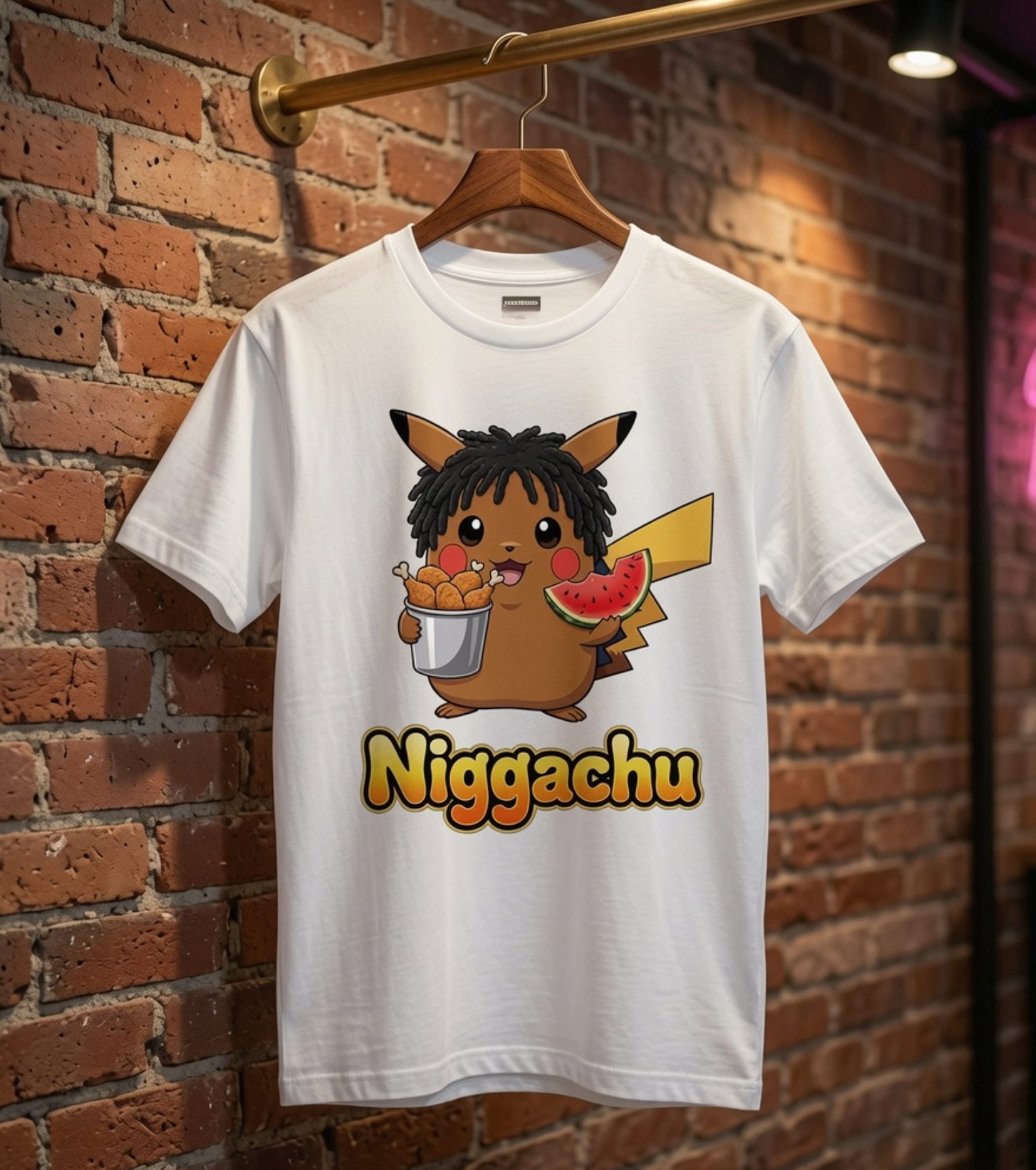 Nigachu Anime-Inspired Parody Shirt – Funny Urban Meme Graphic Tee with Chicken & Watermelon