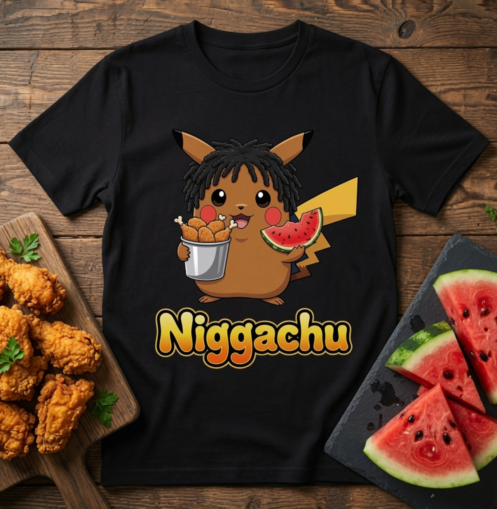 Nigachu Anime-Inspired Parody Shirt – Funny Urban Meme Graphic Tee with Chicken & Watermelon