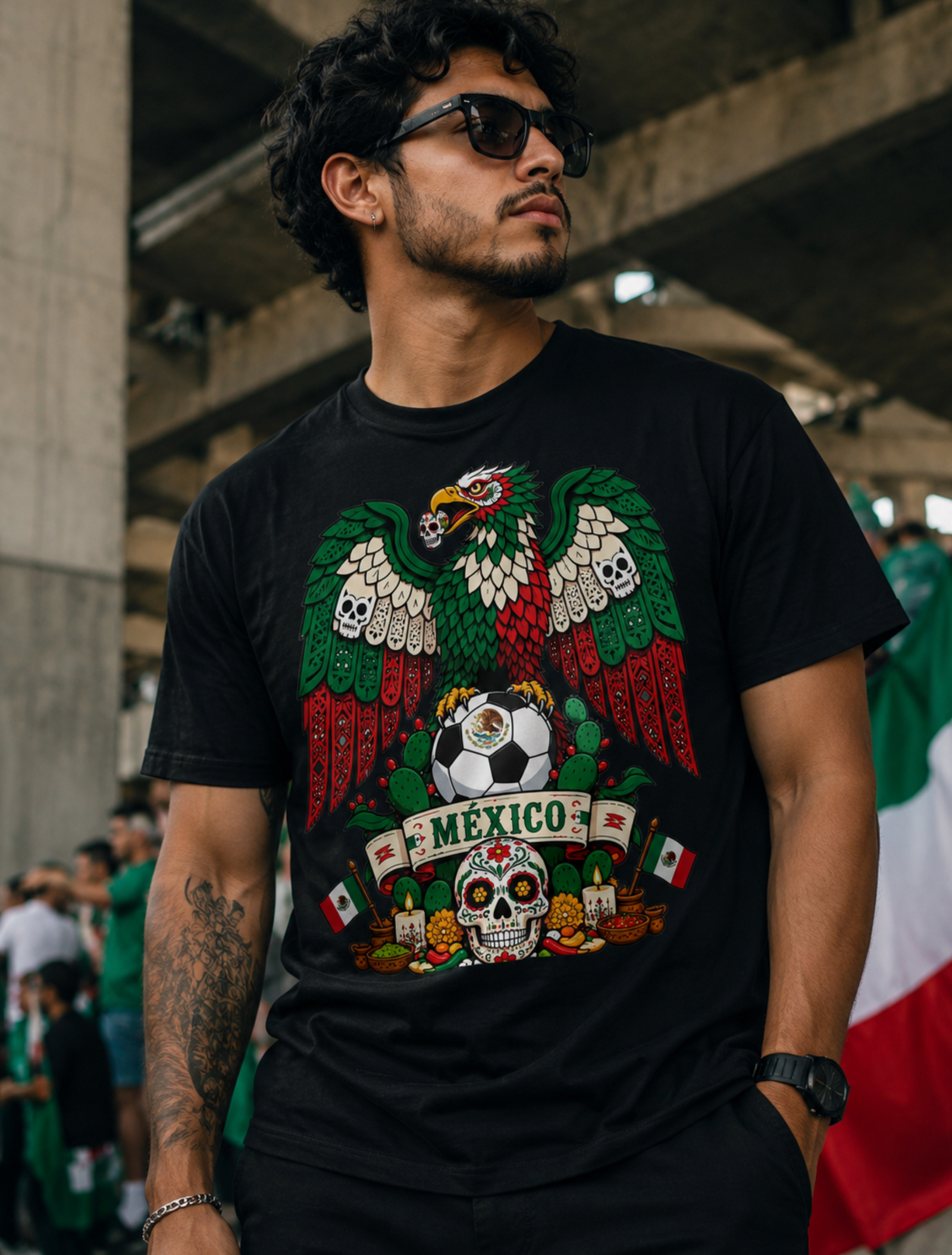 Unisex graphic T-shirt featuring an original soccer cultural illustration, additional product view 3