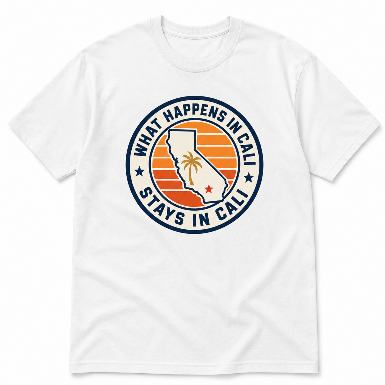 California Shirt – What Happens In Cali Sunset Badge Graphic Tee
