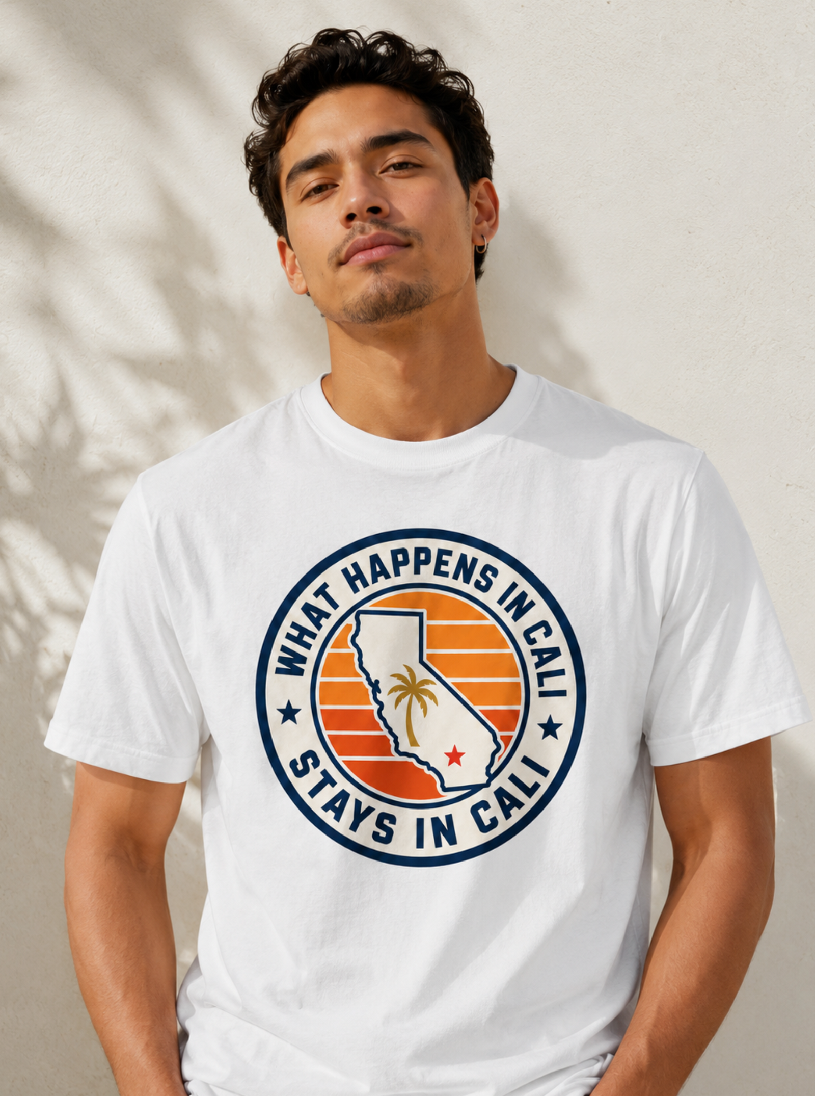 California Shirt – What Happens In Cali Sunset Badge Graphic Tee