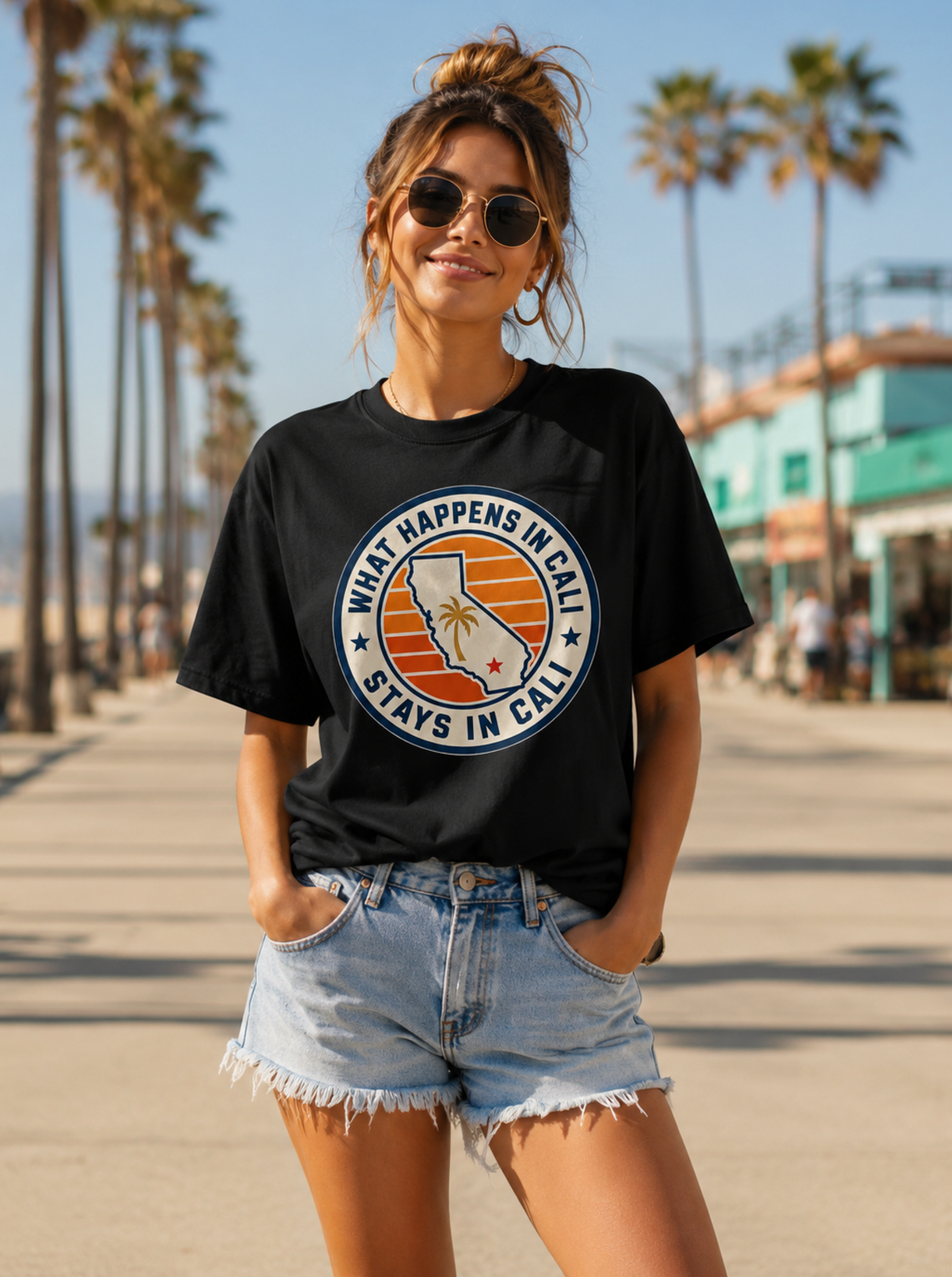 California Shirt – What Happens In Cali Sunset Badge Graphic Tee