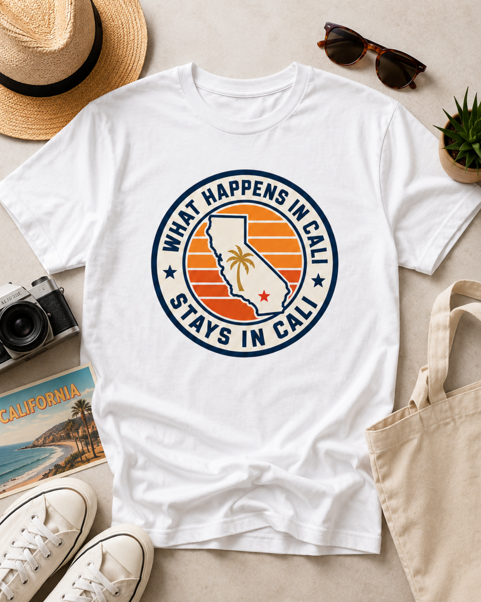 What Happens In Cali Stays In Cali sunset badge graphic shirt