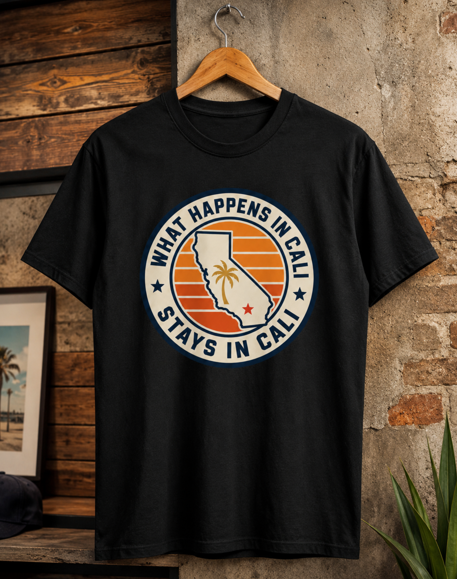 California Shirt – What Happens In Cali Sunset Badge Graphic Tee