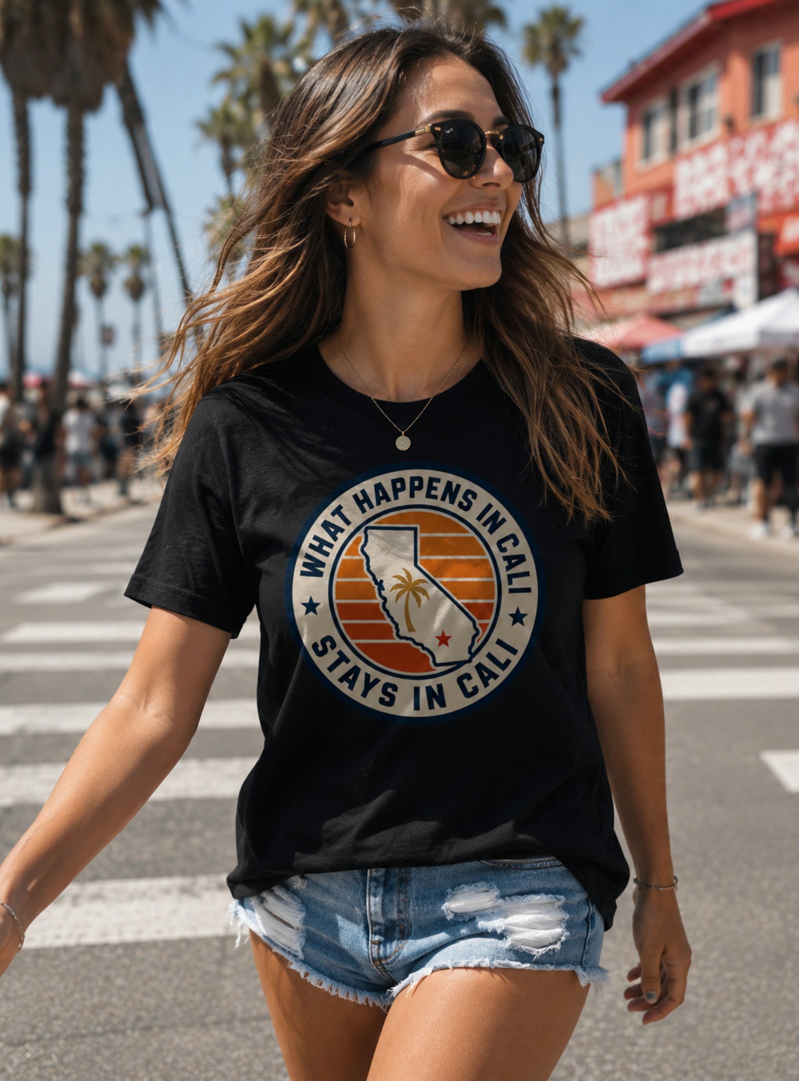 California Shirt – What Happens In Cali Sunset Badge Graphic Tee