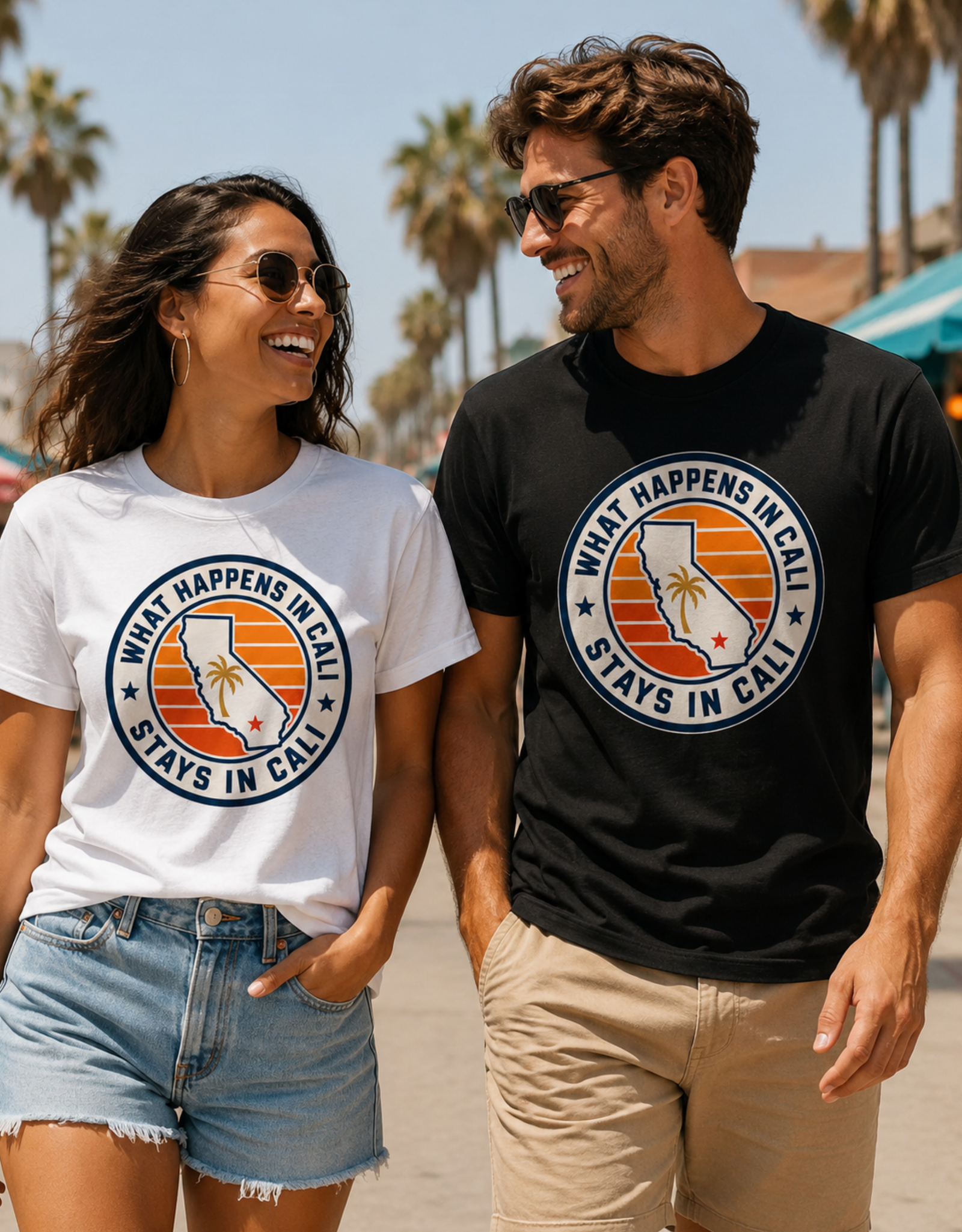California Shirt – What Happens In Cali Sunset Badge Graphic Tee
