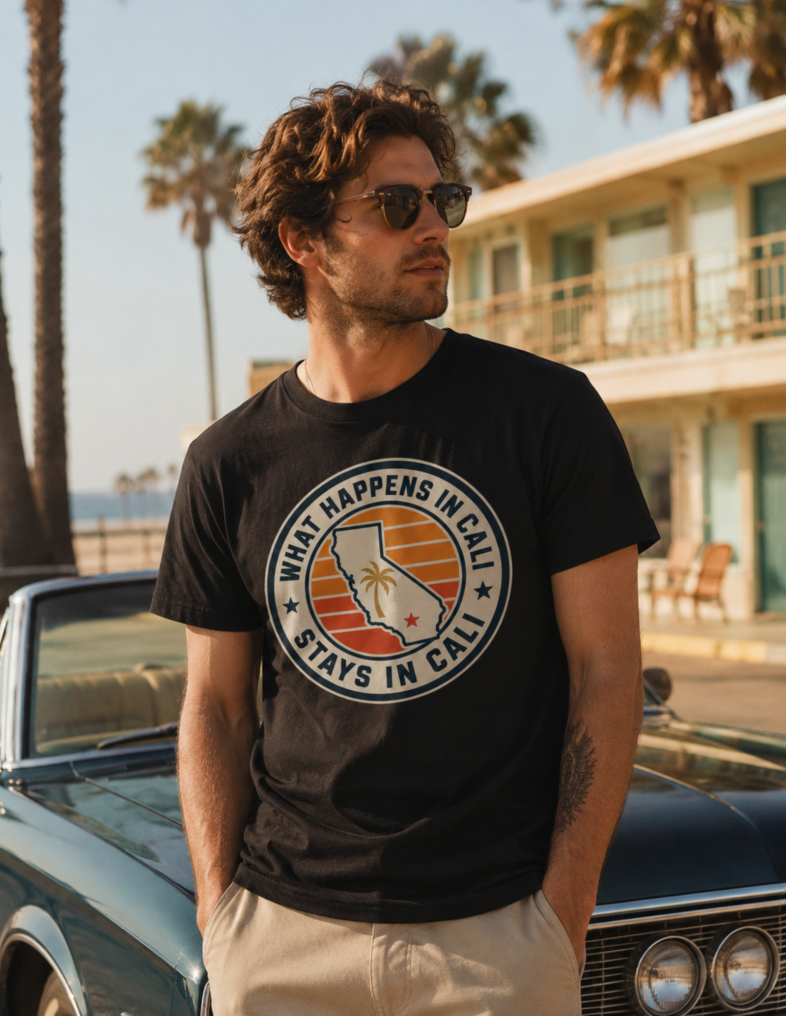 California Shirt – What Happens In Cali Sunset Badge Graphic Tee