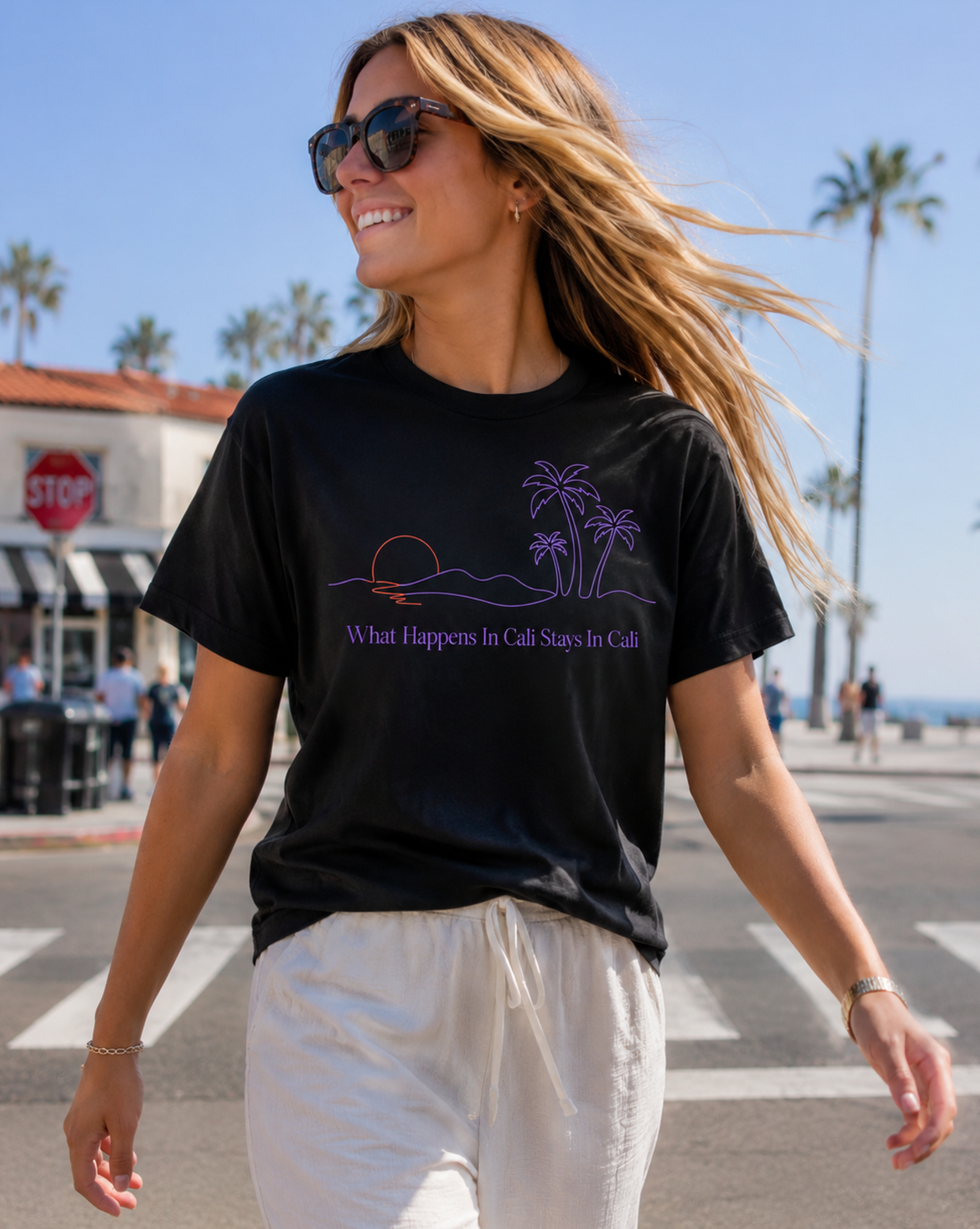 California Shirt – What Happens In Cali Minimalist Palm Sunset Tee