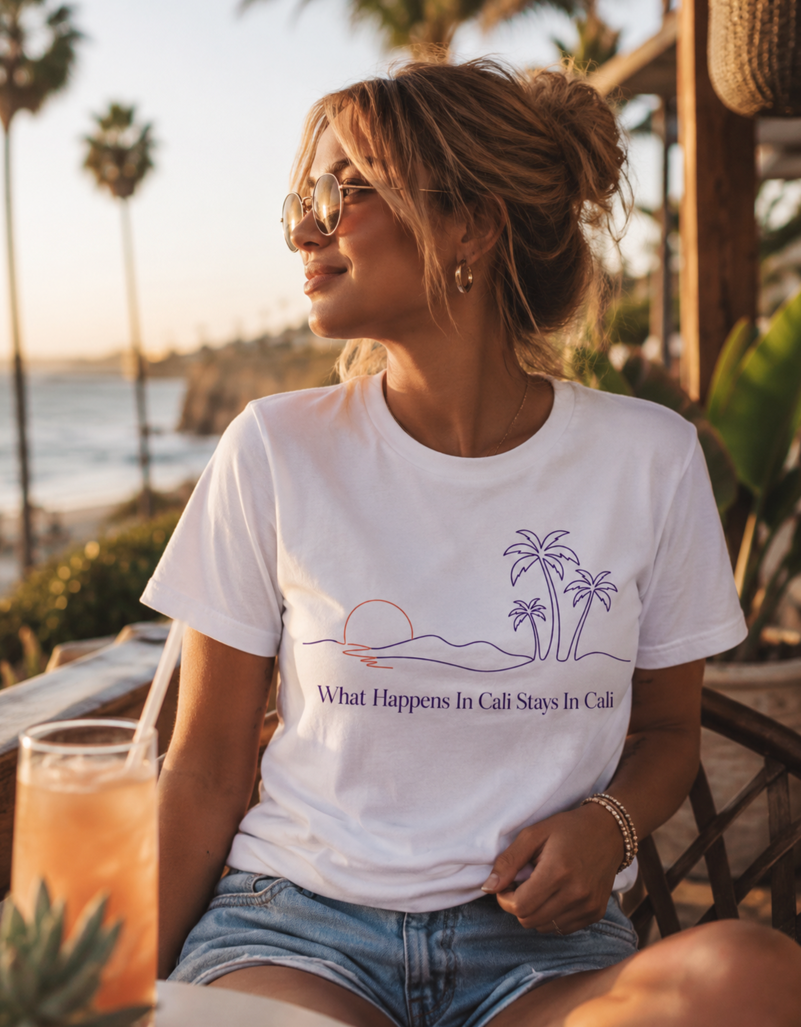 California Shirt – What Happens In Cali Minimalist Palm Sunset Tee