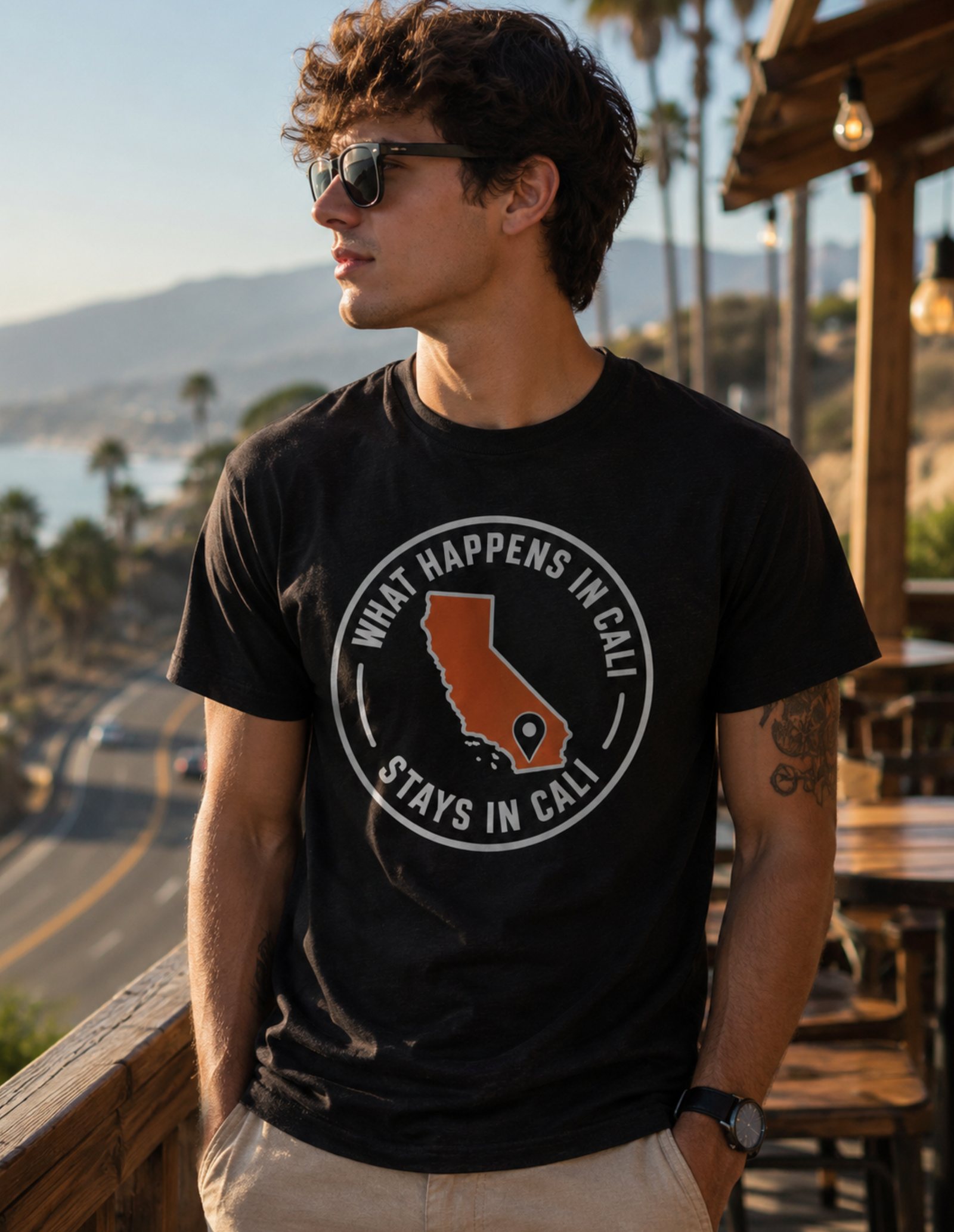 California Shirt – What Happens In Cali Map Pin Graphic Tee