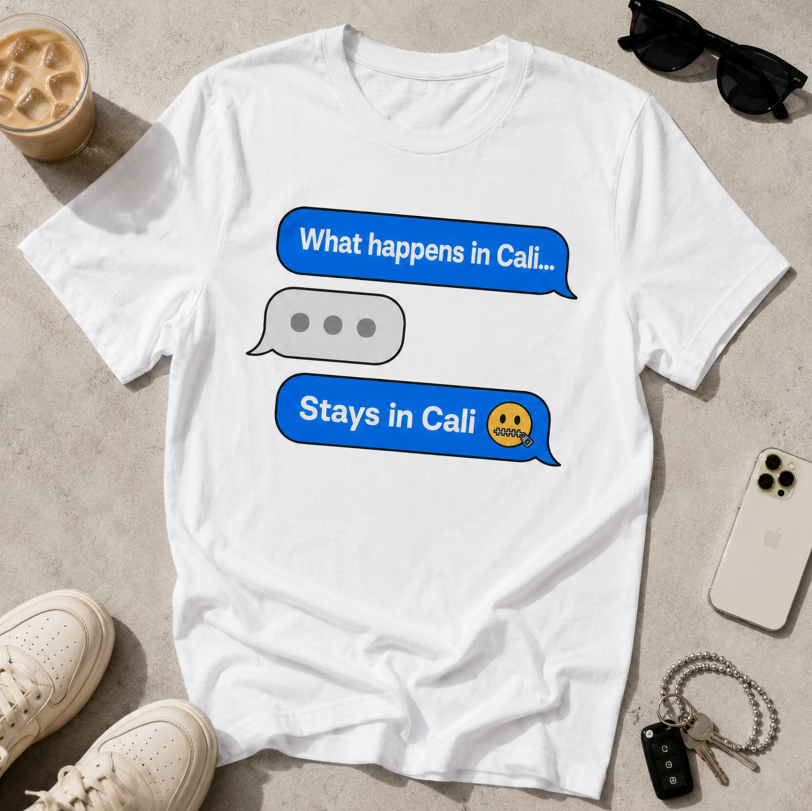 What Happens In Cali Stays In Cali funny text message graphic shirt