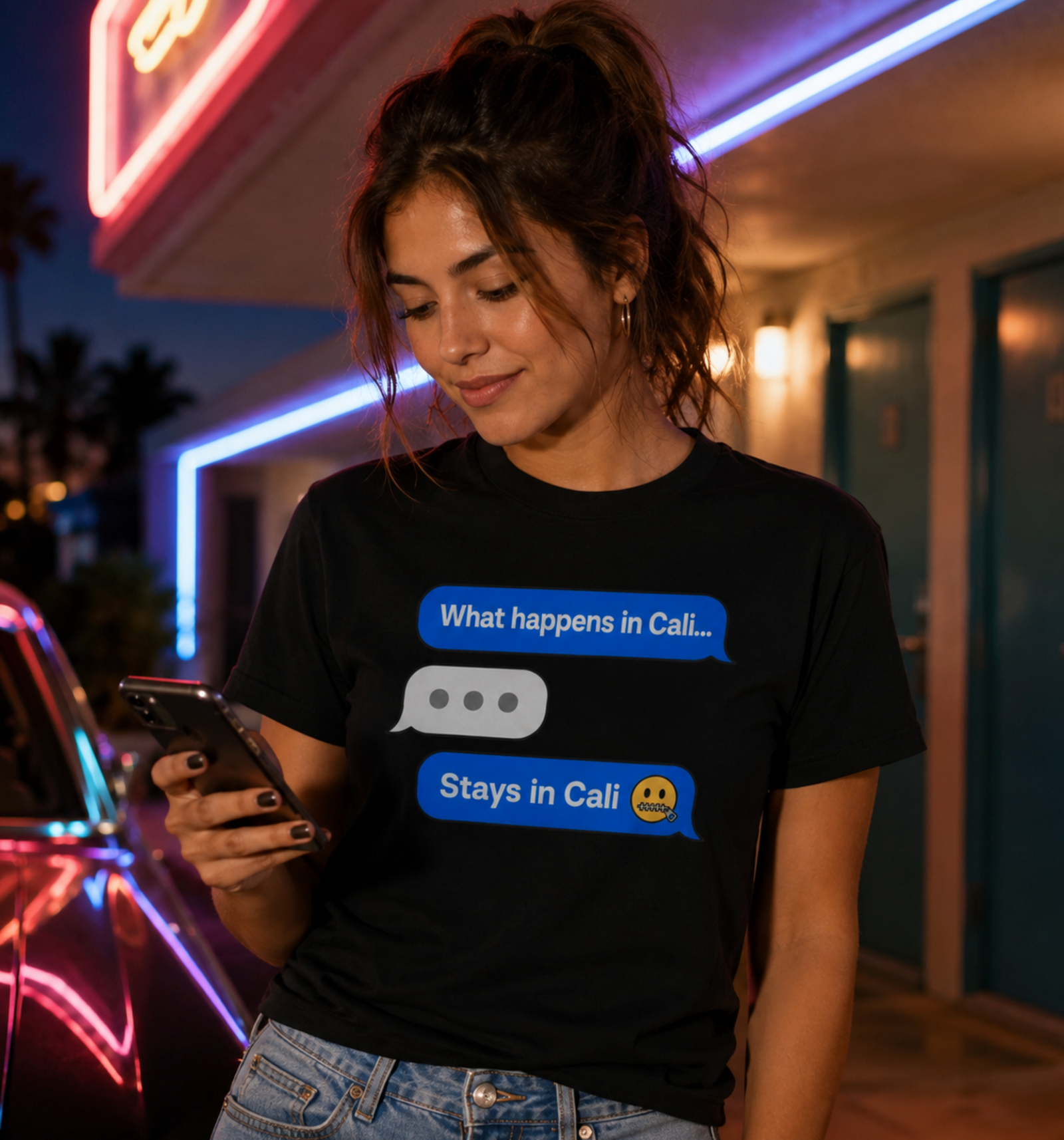 Funny California Shirt – What Happens In Cali Text Message Graphic Tee