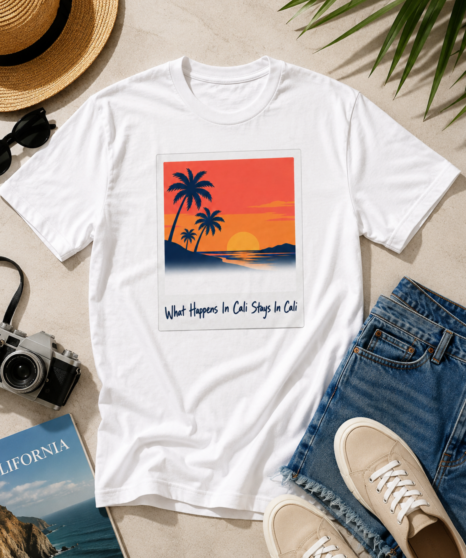 What Happens In Cali Stays In Cali polaroid sunset beach graphic shirt