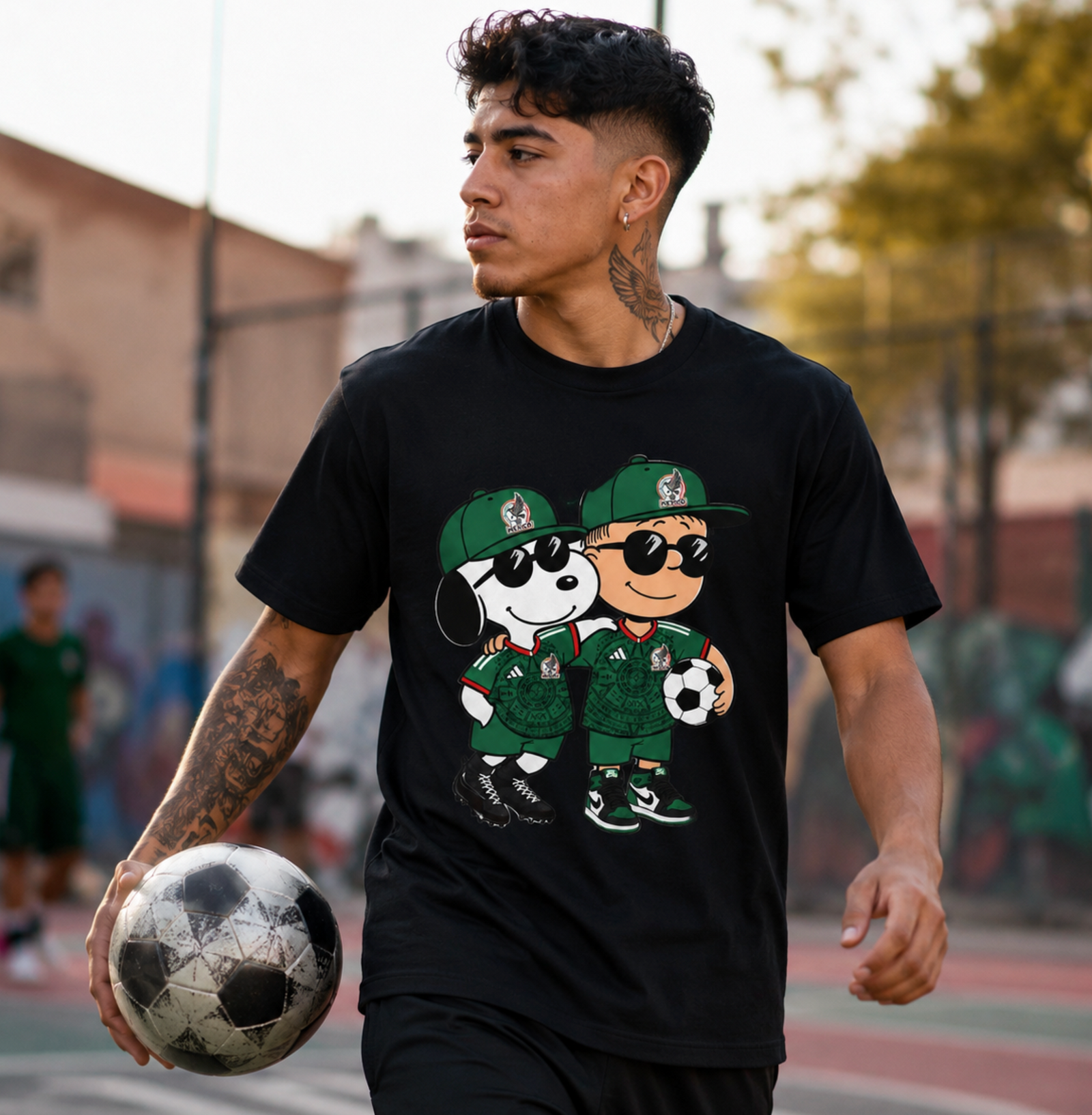 Mexico Futbol Shirt – Cartoon Dog And Kid Soccer Duo Graphic Tee
