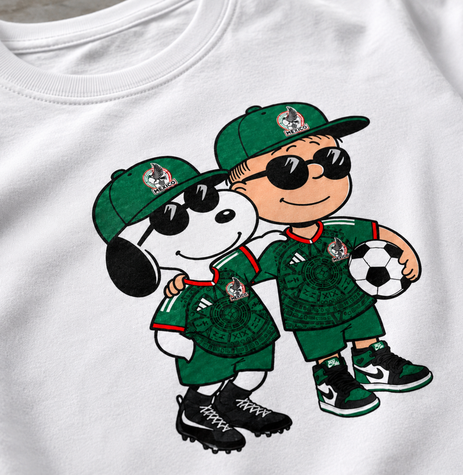 Mexico Futbol Shirt – Cartoon Dog And Kid Soccer Duo Graphic Tee