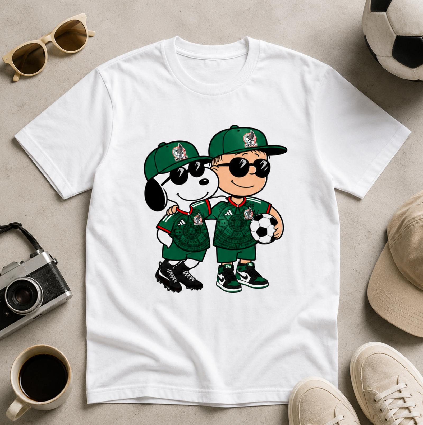 Mexico futbol cartoon dog and kid soccer duo graphic shirt