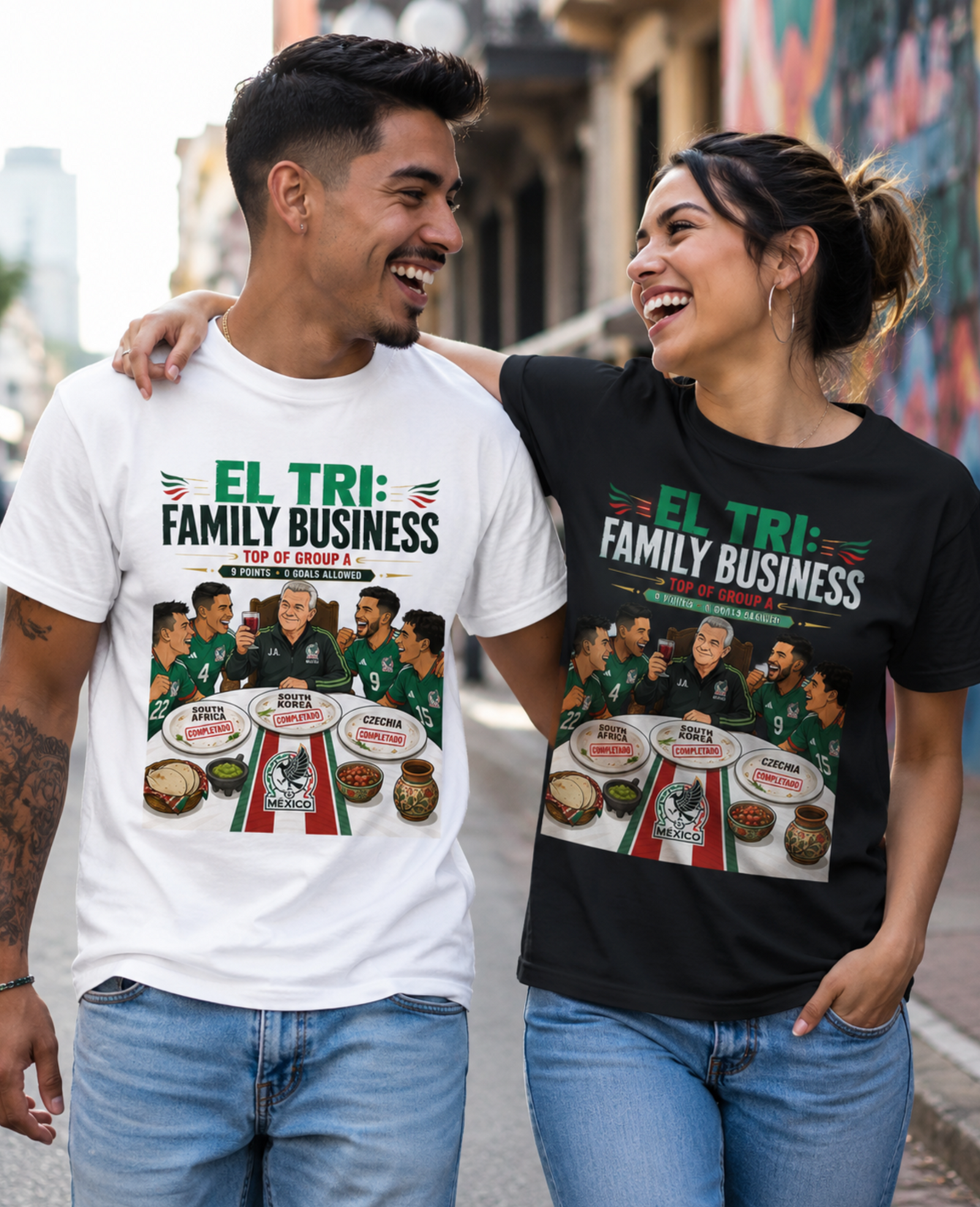 Unisex graphic T-shirt featuring an original soccer cultural humorous illustration, alternate product view