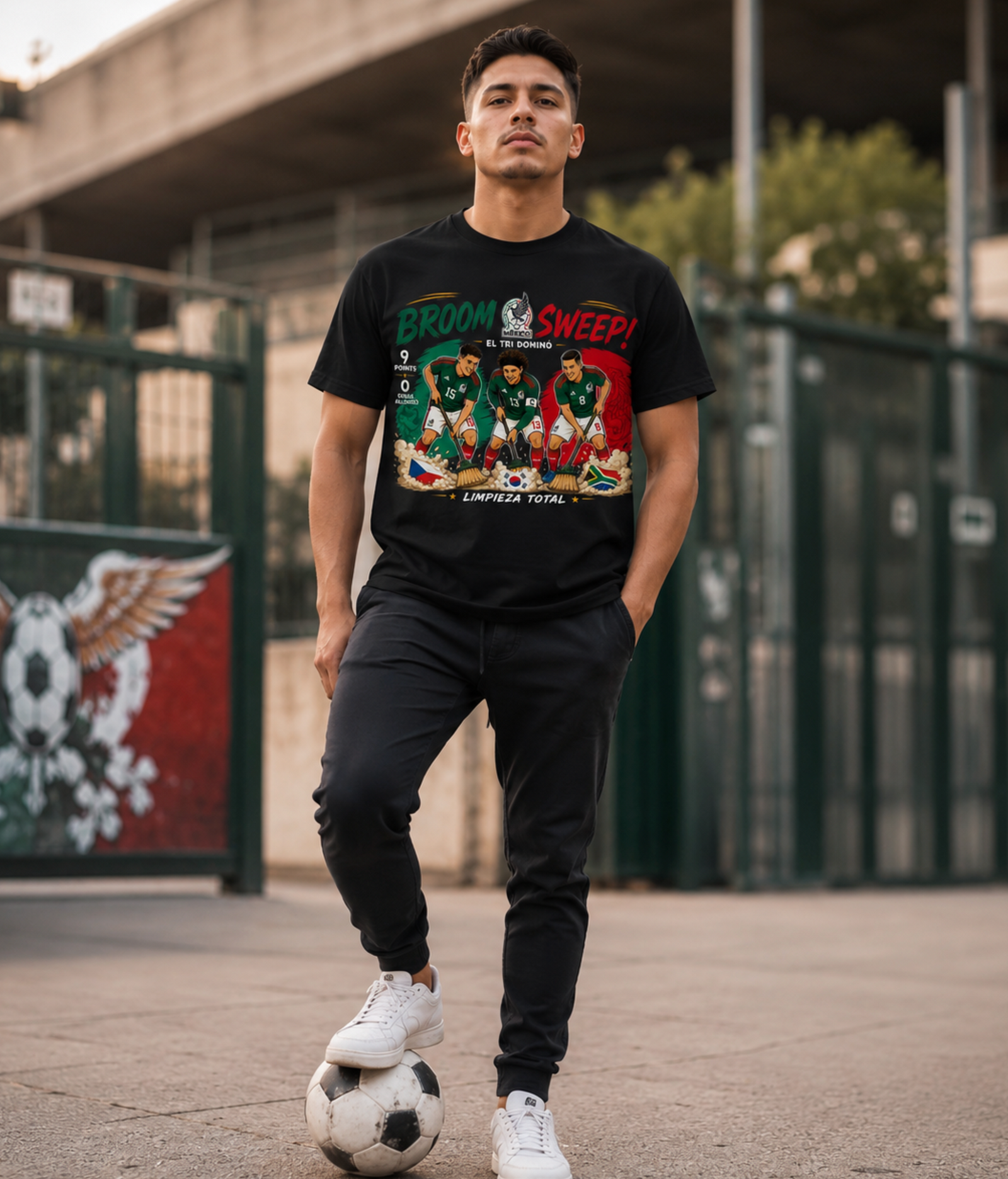 Unisex graphic T-shirt featuring an original soccer cultural humorous illustration, additional product view 3