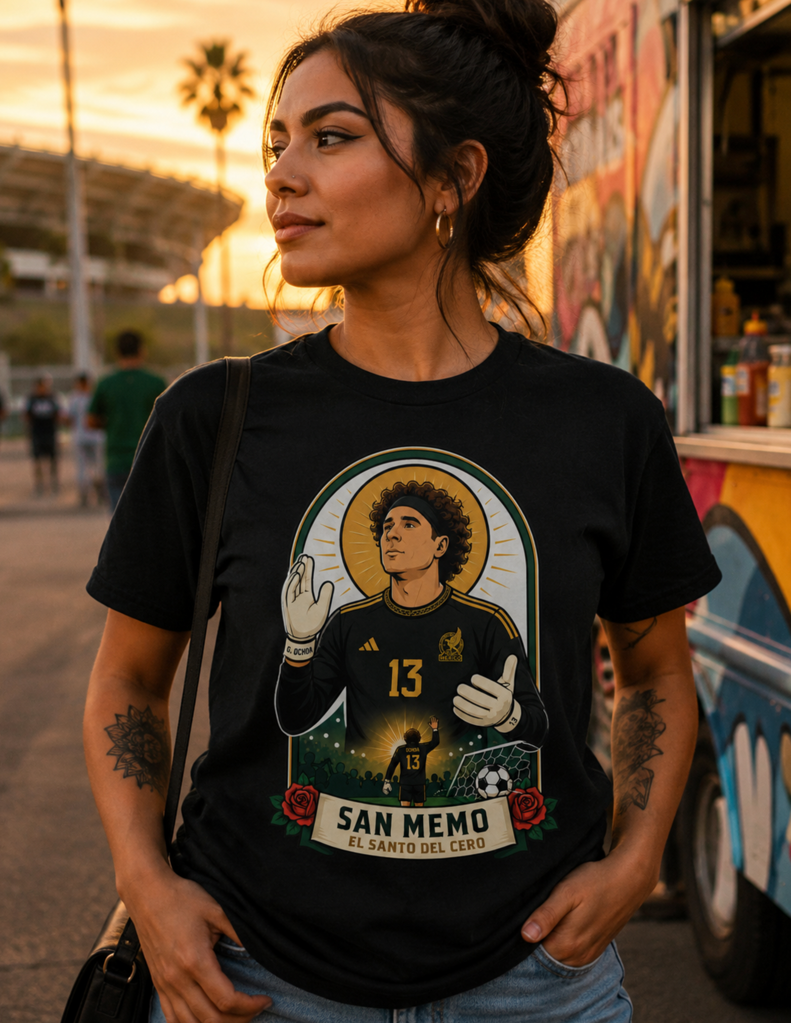 Unisex graphic T-shirt featuring an original soccer cultural humorous illustration, additional product view 4