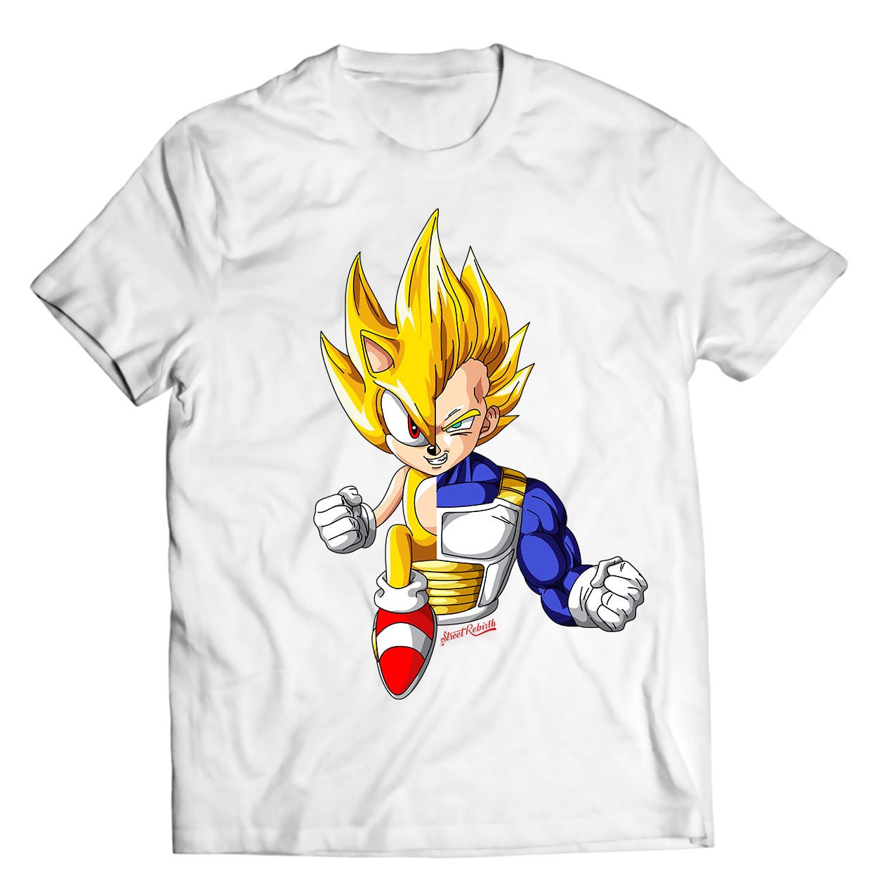 Super Sonic x Super Saiyan Vegeta Mashup T-Shirt – Dragon Ball Z x Sonic Fan Art Tee, Half Face Anime & Retro Gaming Crossover Shirt