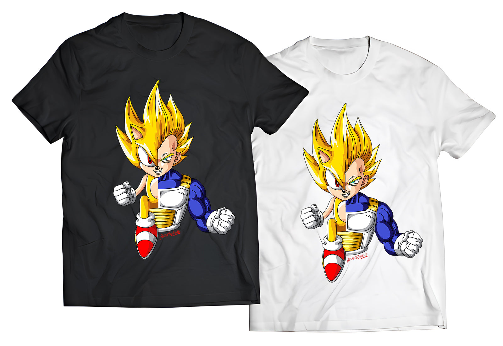 Super Sonic x Super Saiyan Vegeta Mashup T-Shirt – Dragon Ball Z x Sonic Fan Art Tee, Half Face Anime & Retro Gaming Crossover Shirt