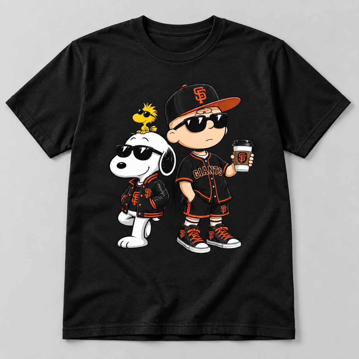 Black graphic T-shirt with orange and black baseball cartoon trio design
