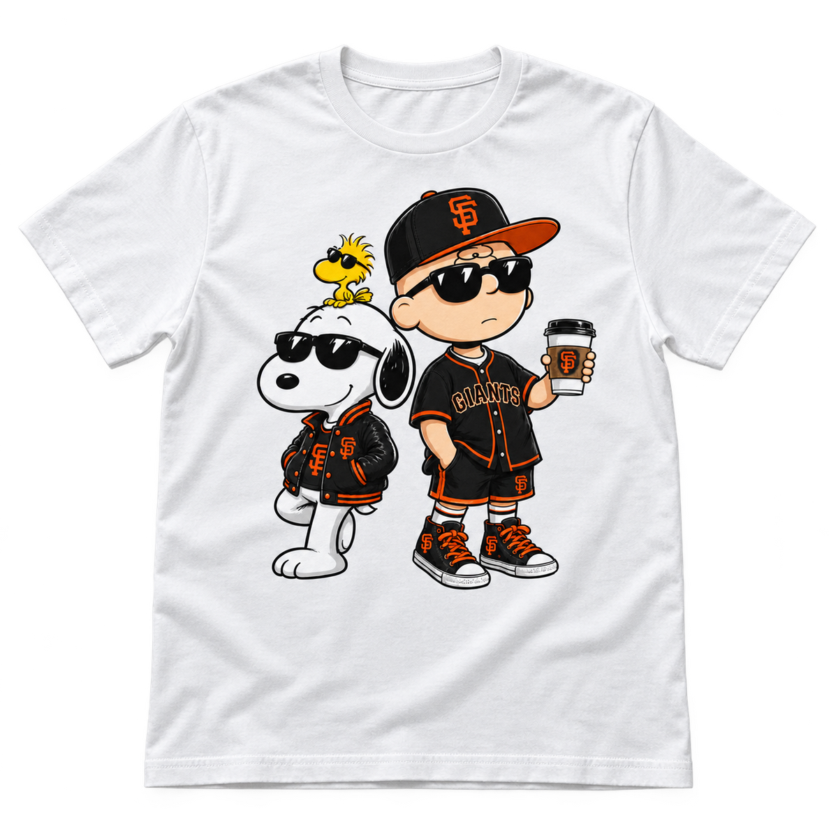 White graphic T-shirt with orange and black baseball cartoon trio design