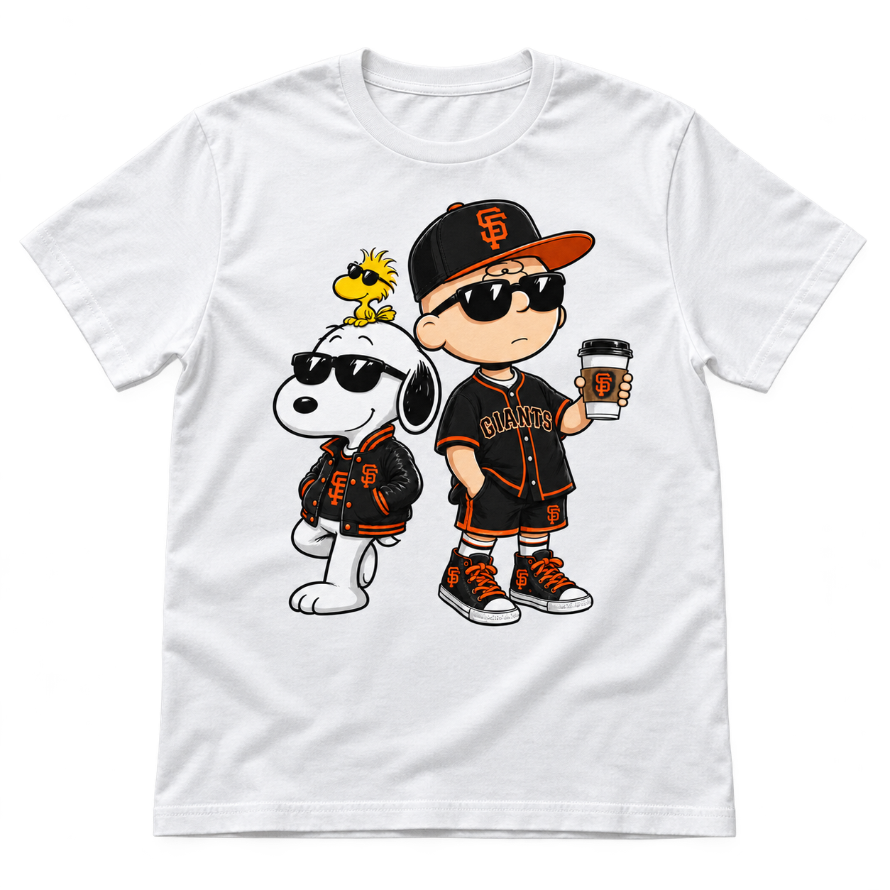 White graphic T-shirt with orange and black baseball cartoon trio design
