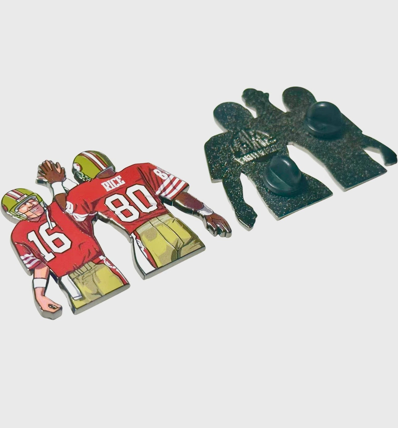 Bay Area football legends number 16 and 80 red and gold enamel pin angled front and back view