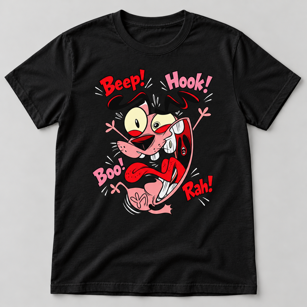 Black graphic T-shirt featuring a funny startled pink cartoon dog with Beep Hook Boo Rah sound-effect lettering