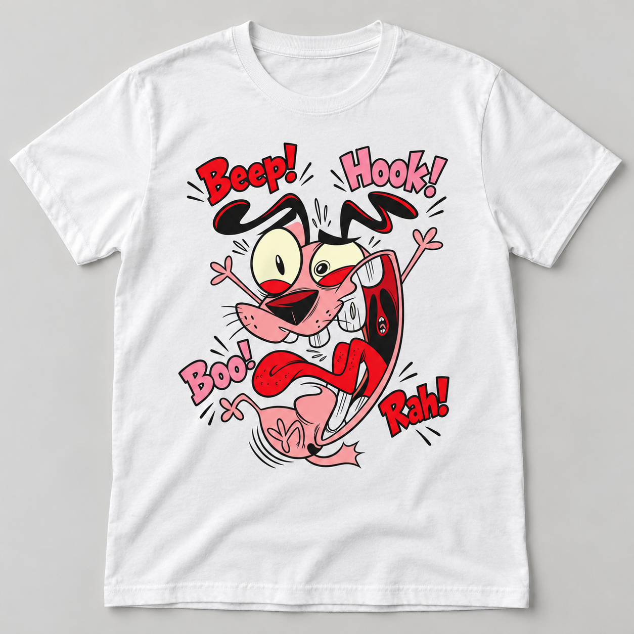 White graphic T-shirt featuring a funny startled pink cartoon dog with Beep Hook Boo Rah sound-effect lettering