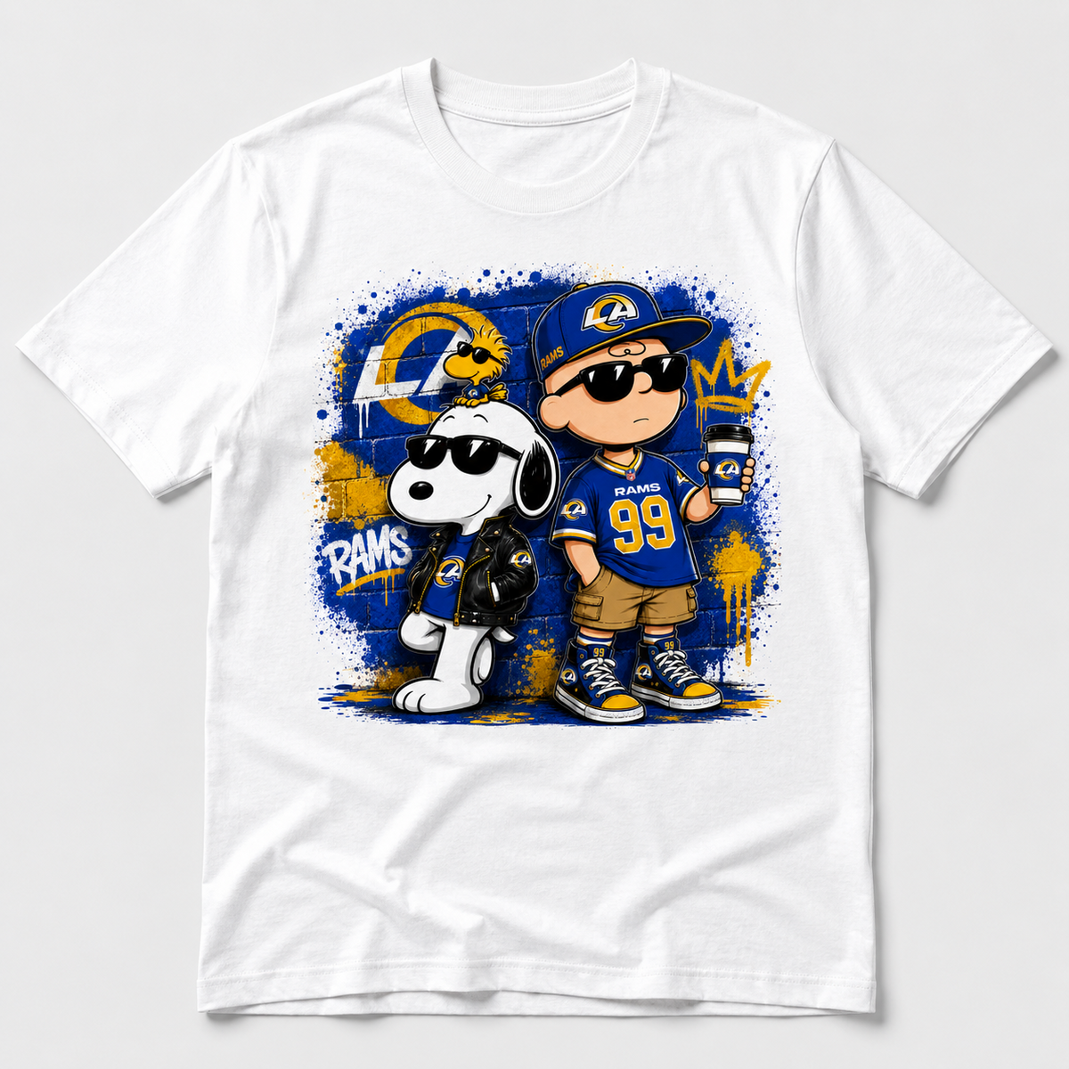 Blue and gold football fan duo graphic on white T-shirt