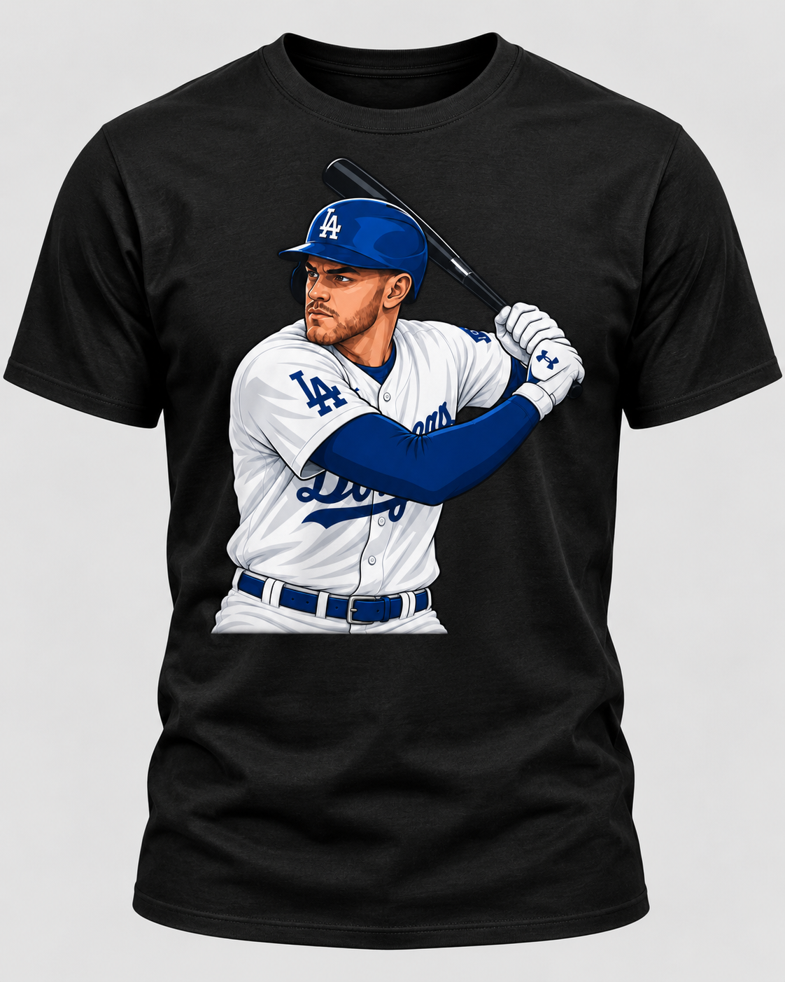 Blue and white baseball slugger graphic tee on black shirt
