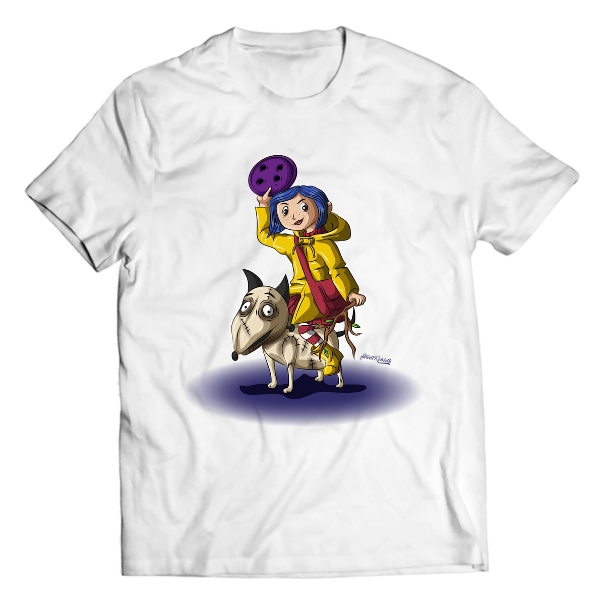 Spooky fantasy cartoon girl with yellow raincoat and stitched creature on white crewneck graphic T-shirt, studio flat-lay mockup